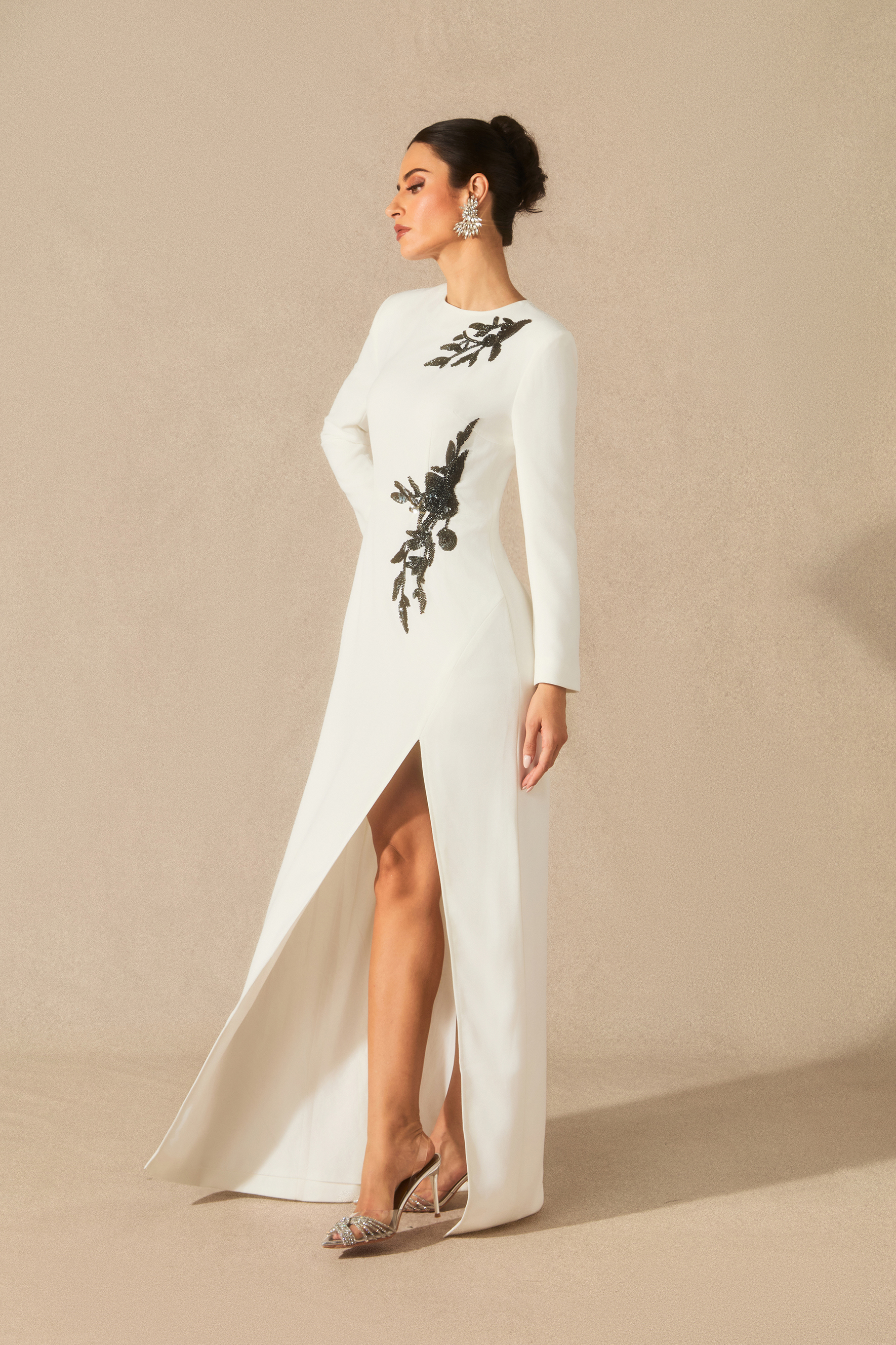Ophelia Long Sleeve Beaded Maxi Slit Dress-purelyfable