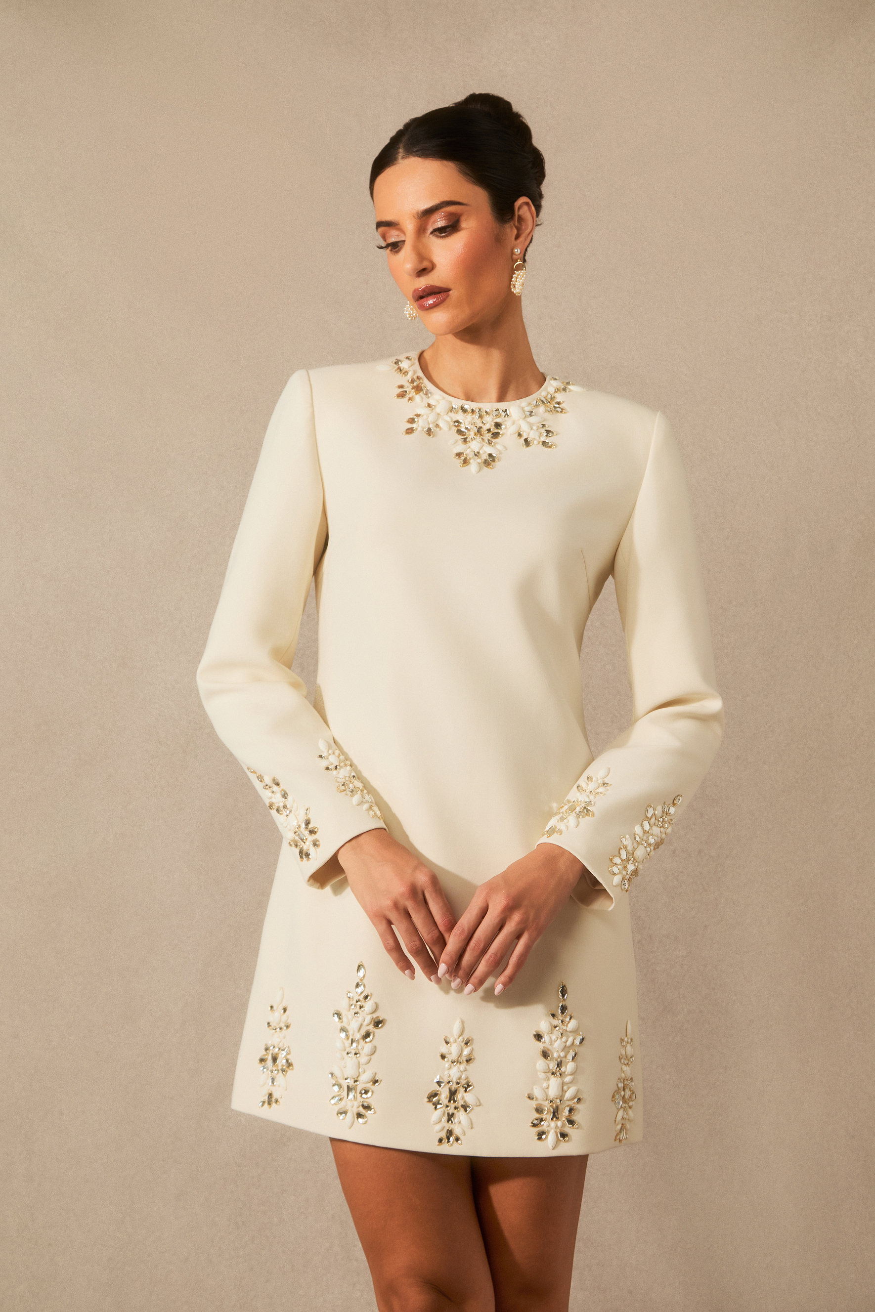 Briana Embellished Neckline Long Sleeve Mini Dress-purelyfable