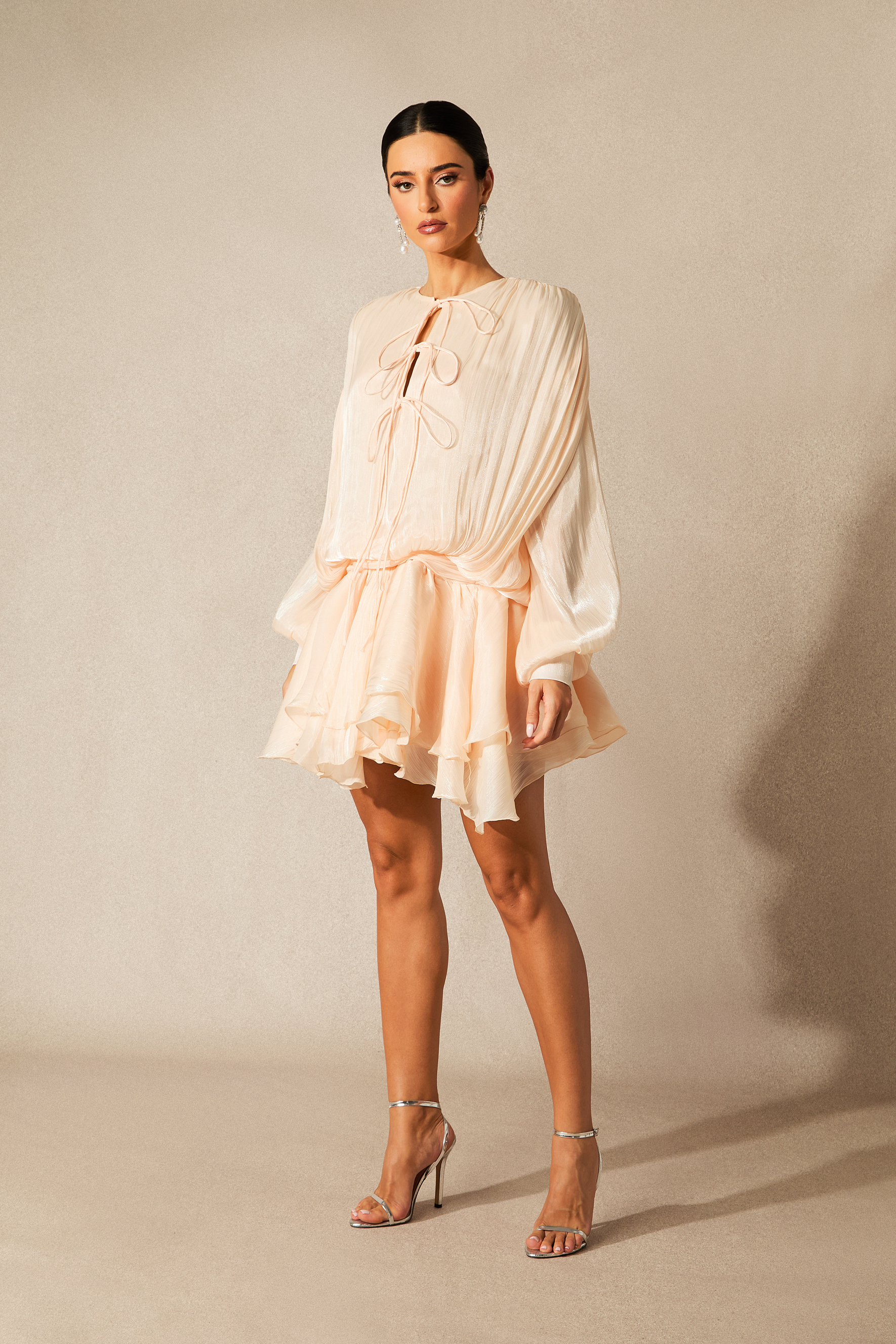 Next Love Apricot Lace Up Ruffle Hem Mini Dress-purelyfable