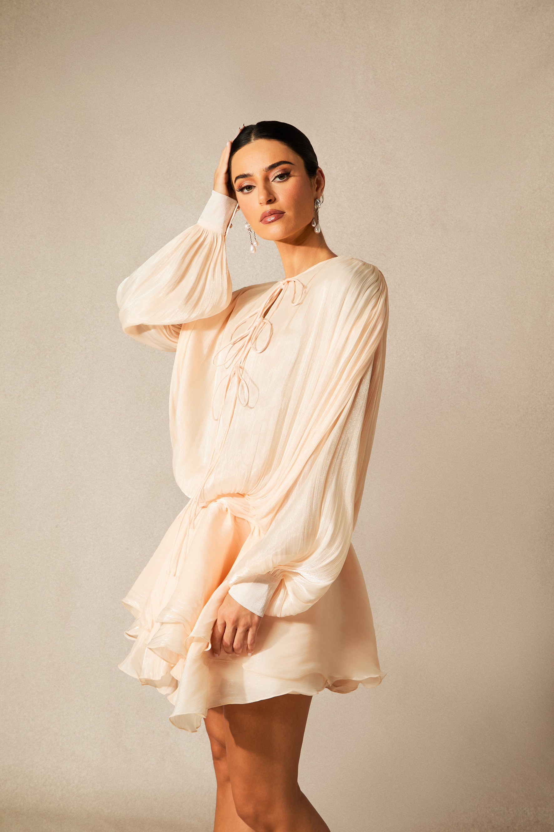 Next Love Apricot Lace Up Ruffle Hem Mini Dress-purelyfable