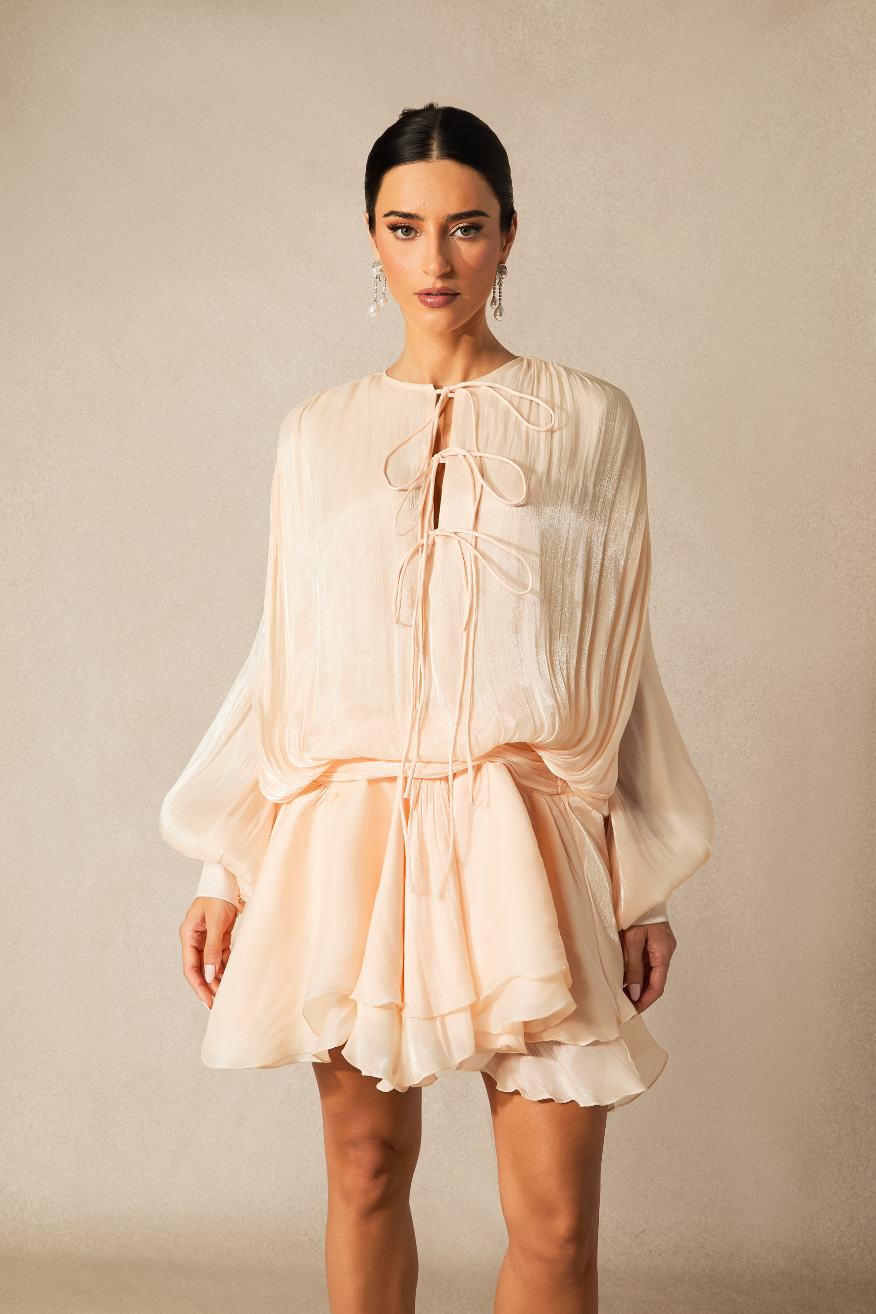 Next Love Apricot Lace Up Ruffle Hem Mini Dress-purelyfable