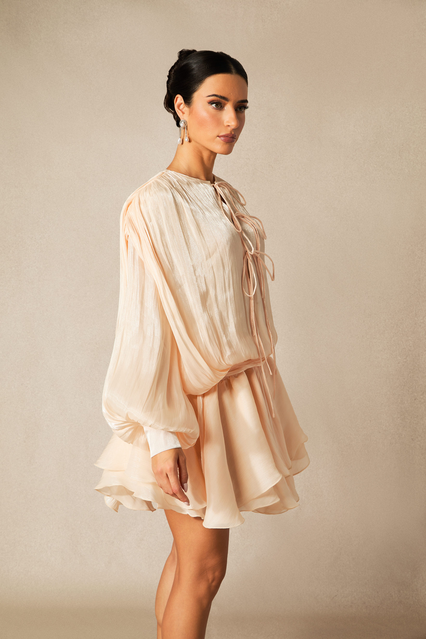 Next Love Apricot Lace Up Ruffle Hem Mini Dress-purelyfable