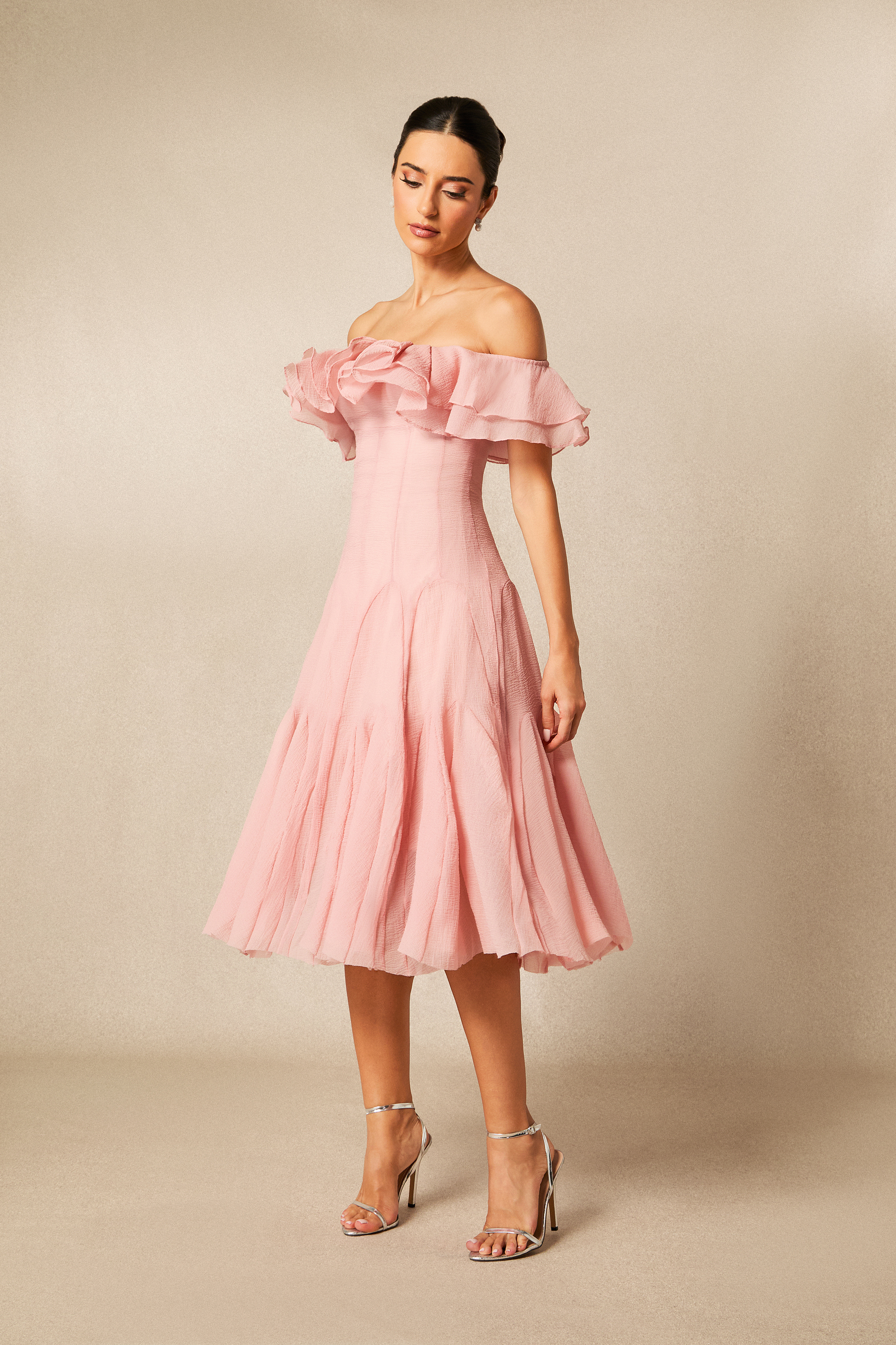 Vita Off Shoulder Ruffle Midi Dress-purelyfable