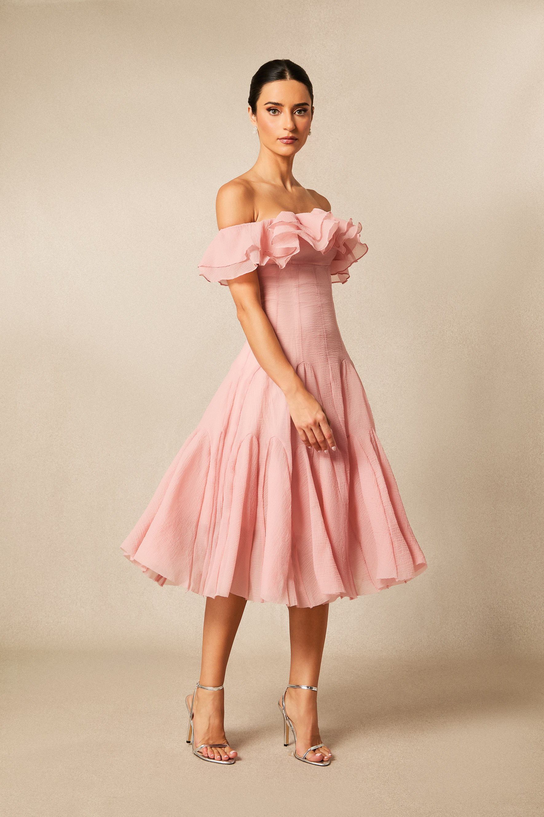Vita Off Shoulder Ruffle Midi Dress-purelyfable