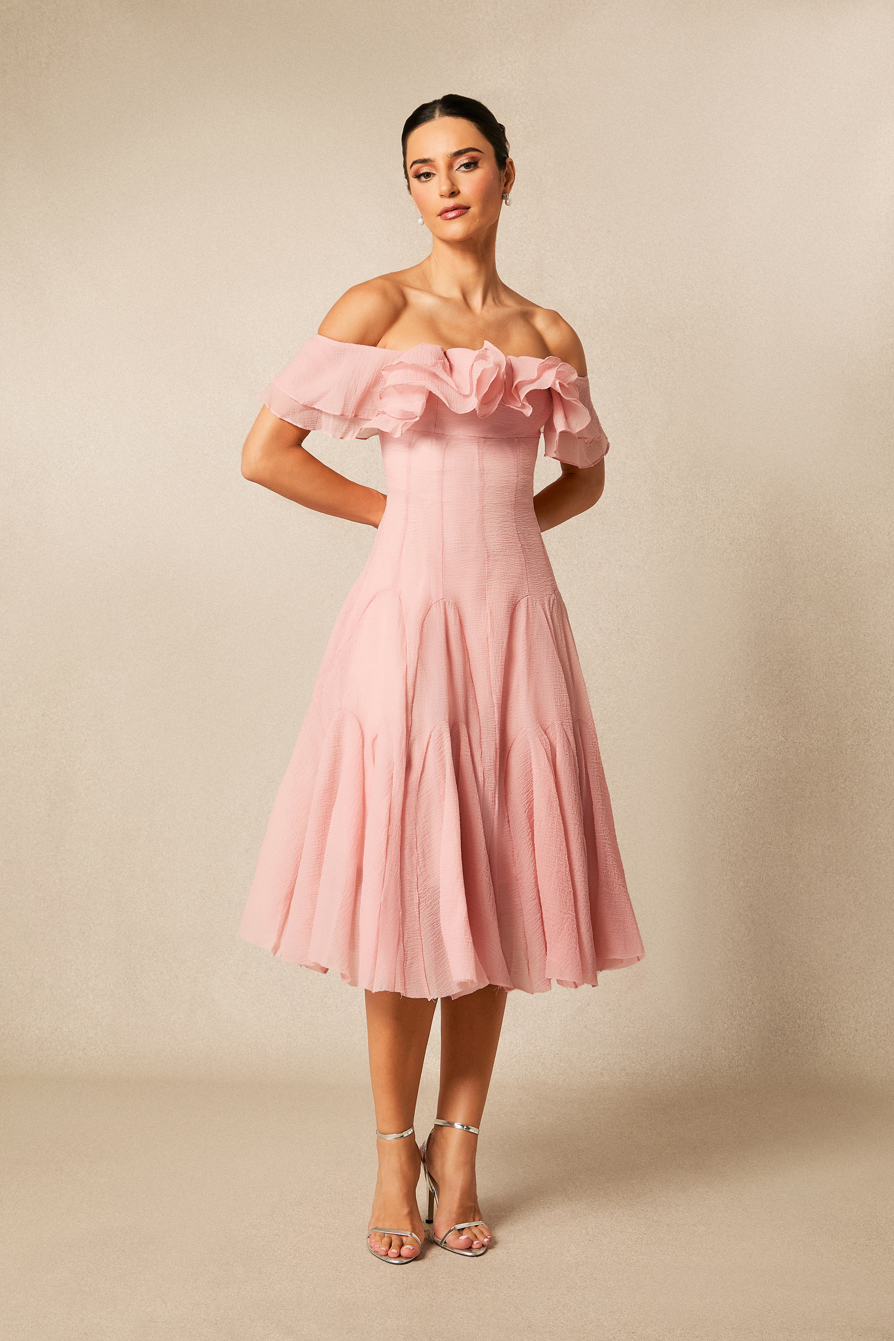 Vita Off Shoulder Ruffle Midi Dress-purelyfable