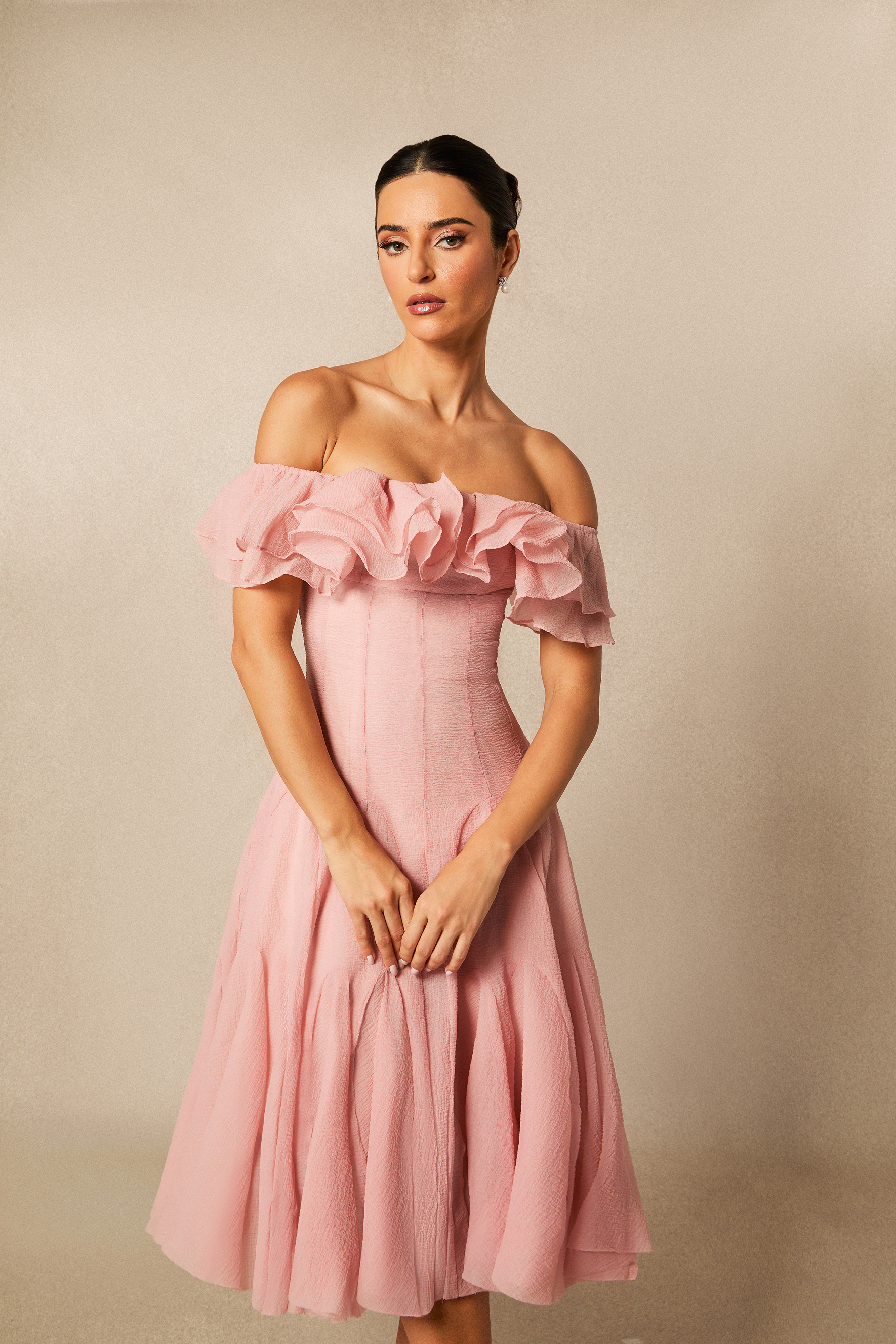 Vita Off Shoulder Ruffle Midi Dress-purelyfable
