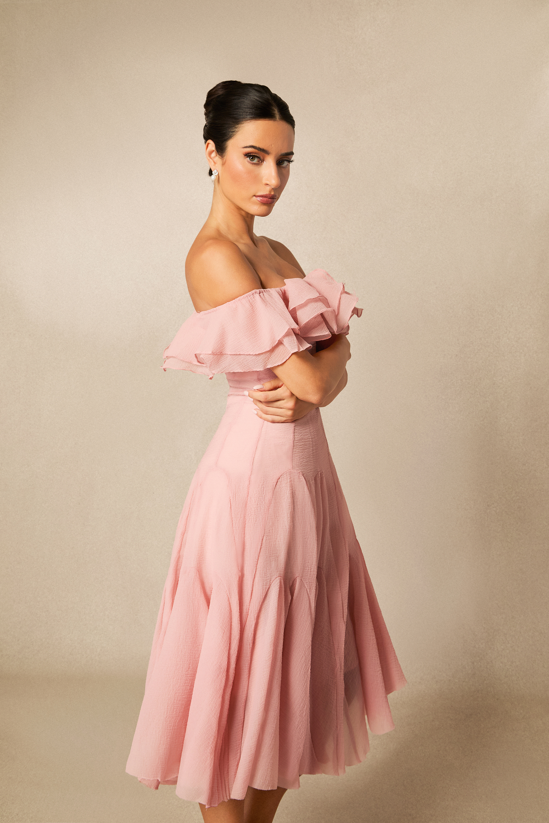 Vita Off Shoulder Ruffle Midi Dress-purelyfable