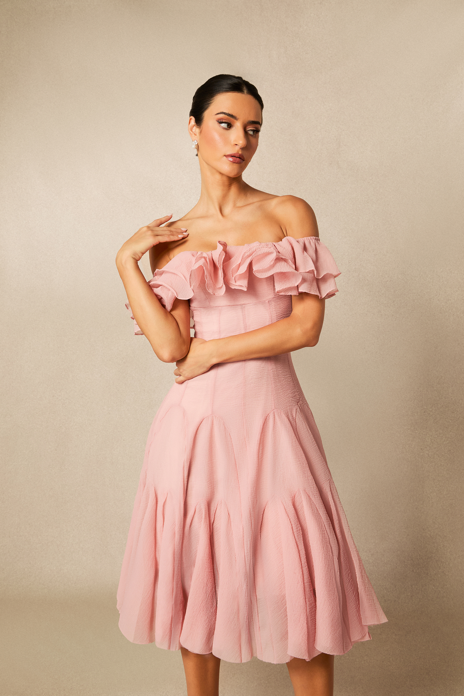Vita Off Shoulder Ruffle Midi Dress-purelyfable
