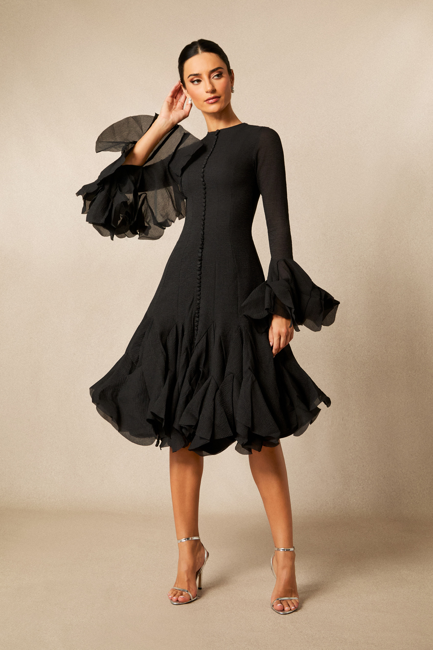 Gloria Long Sleeve Flared Hem Midi Dress-purelyfable
