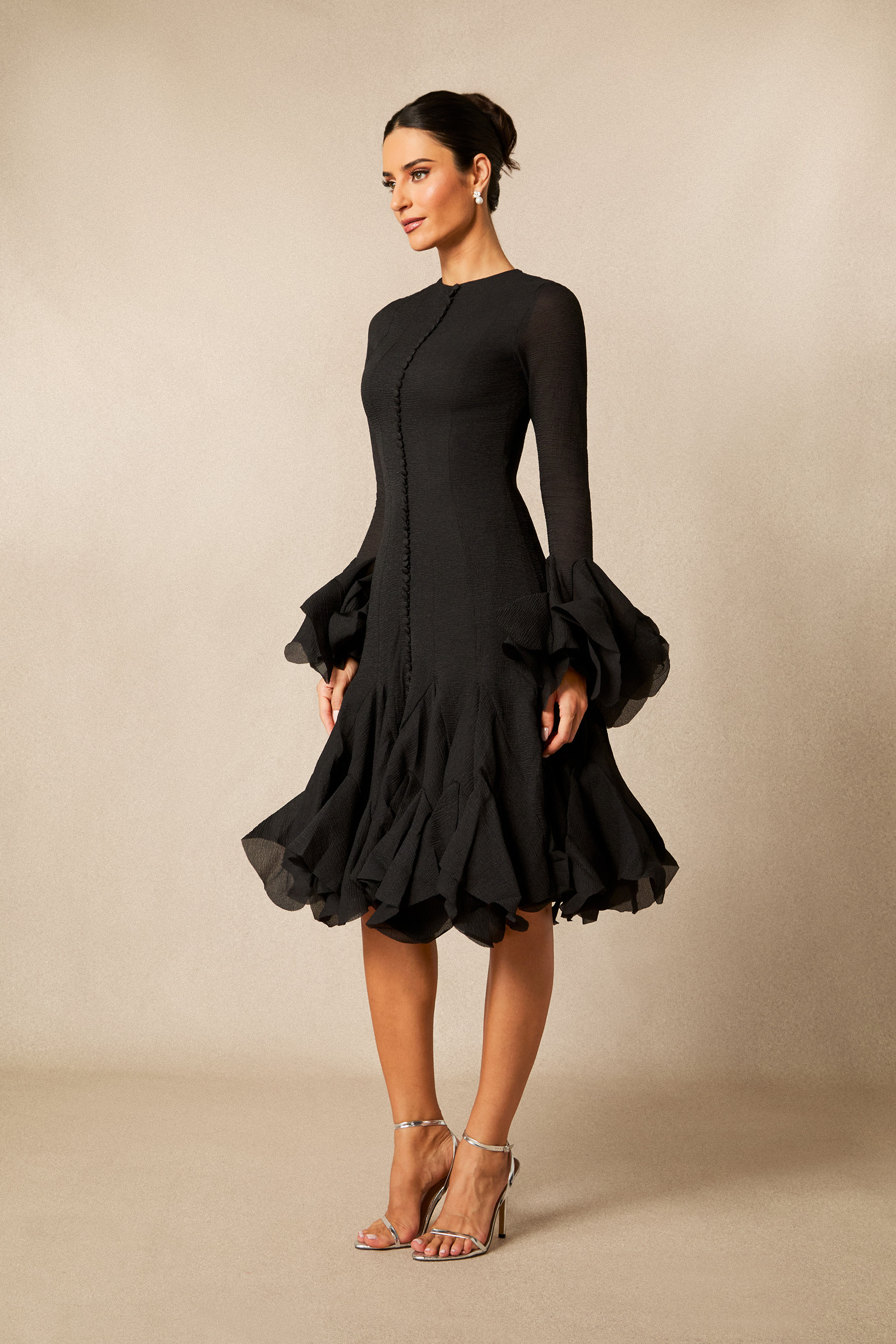 Gloria Long Sleeve Flared Hem Midi Dress-purelyfable