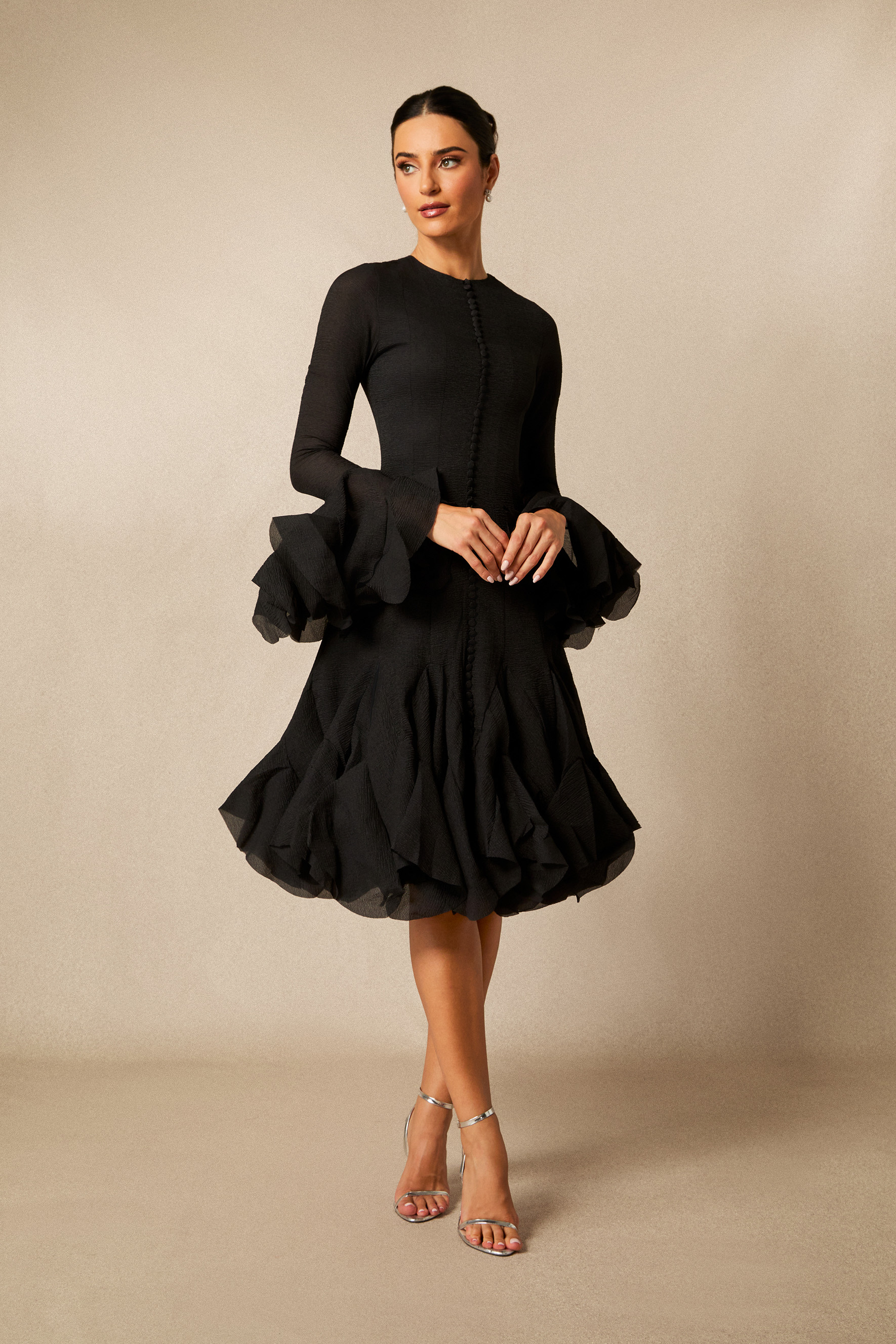 Gloria Long Sleeve Flared Hem Midi Dress-purelyfable