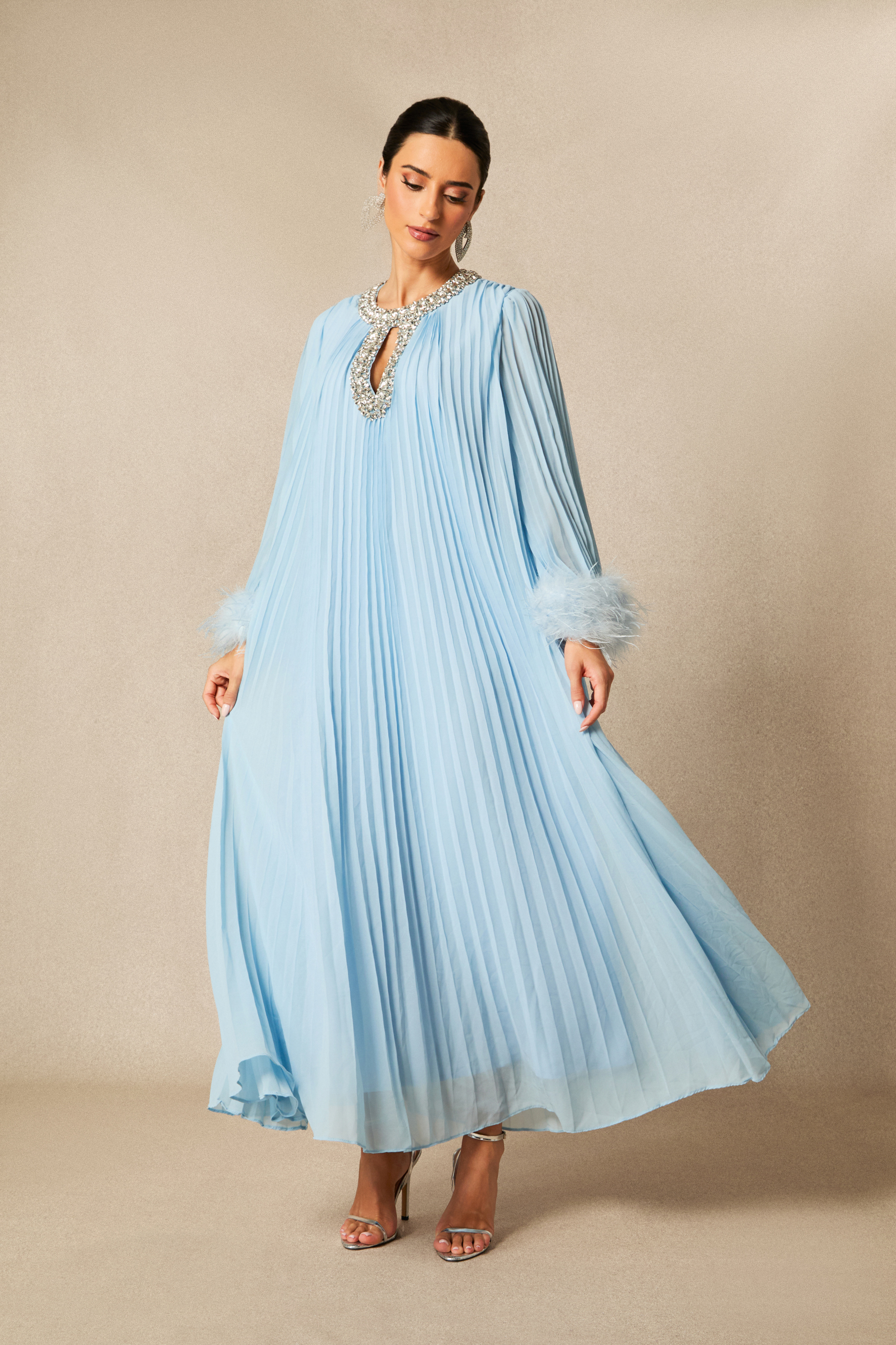 Yvonne Diamante Feathered Pleated Maxi Chiffon Dress-purelyfable