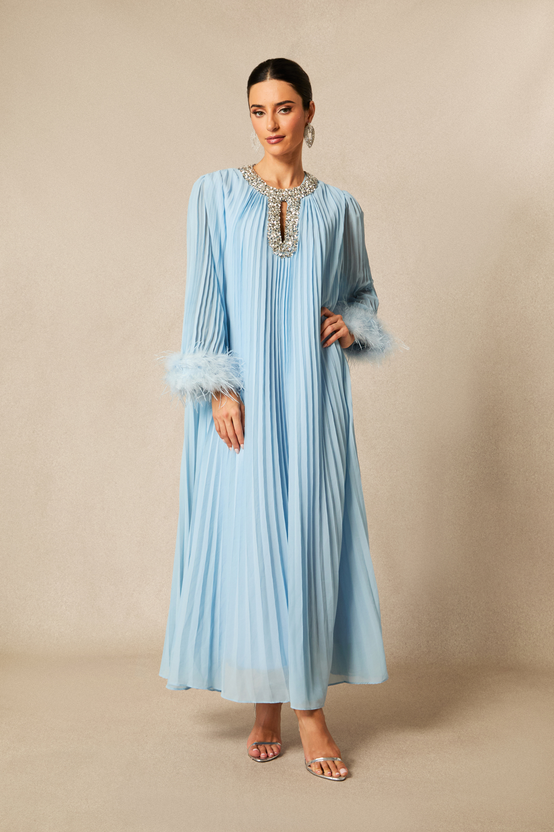 Yvonne Diamante Feathered Pleated Maxi Chiffon Dress-purelyfable