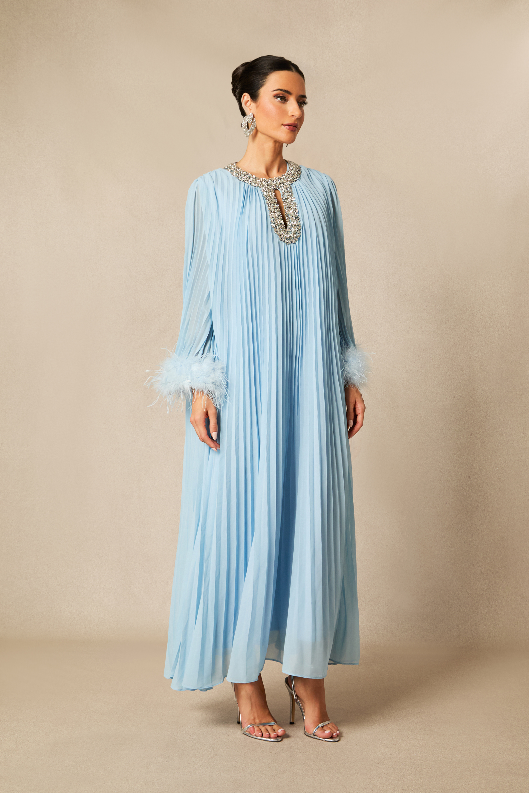 Yvonne Diamante Feathered Pleated Maxi Chiffon Dress-purelyfable
