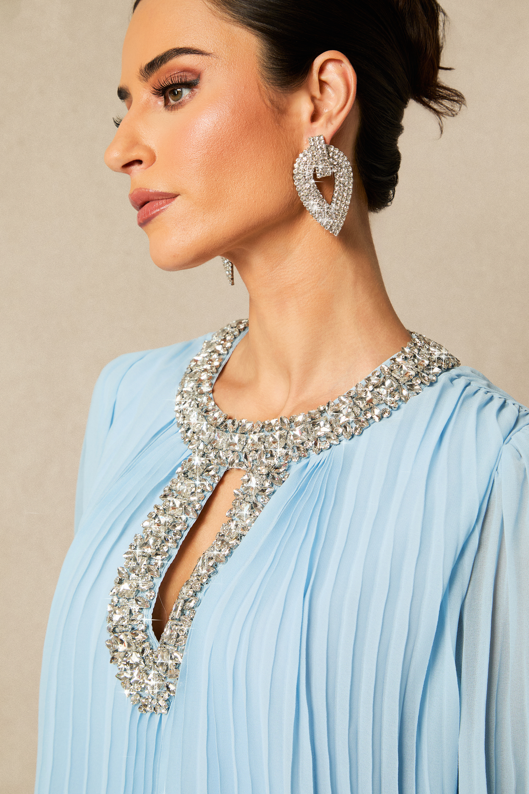 Yvonne Diamante Feathered Pleated Maxi Chiffon Dress-purelyfable