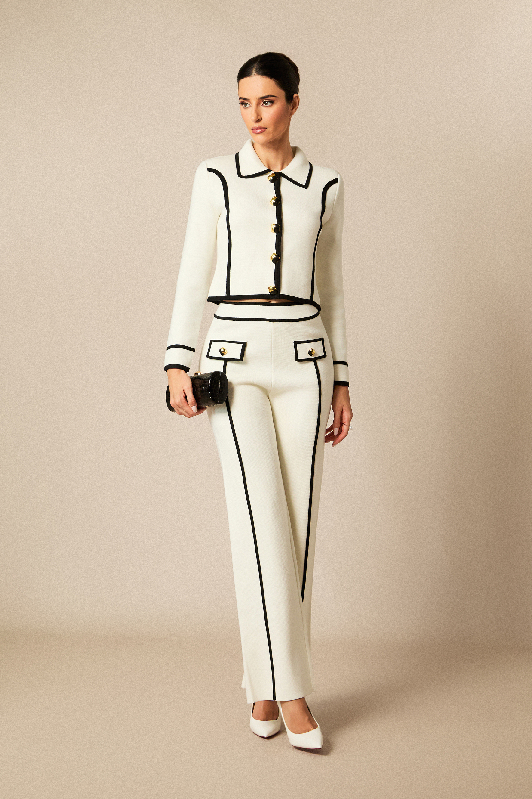 Miranda Contrast Trim Cropped Jacket & Straight Leg Pants Set-purelyfable