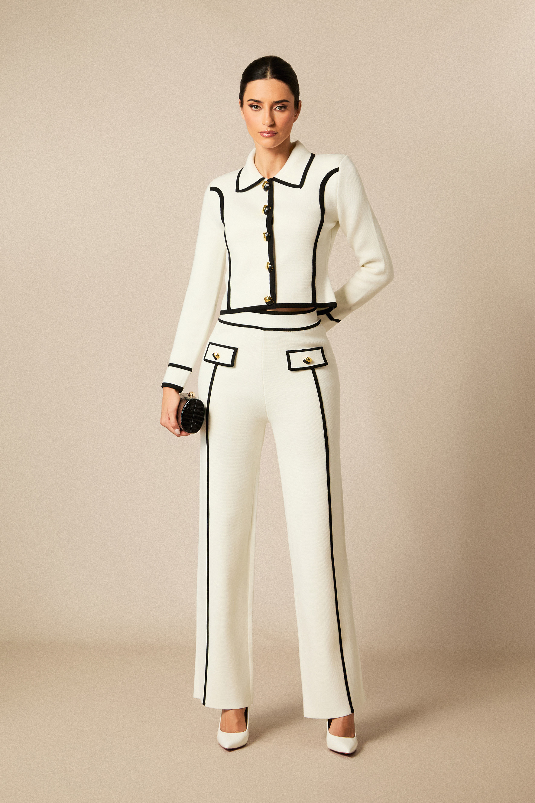 Miranda Contrast Trim Cropped Jacket & Straight Leg Pants Set-purelyfable