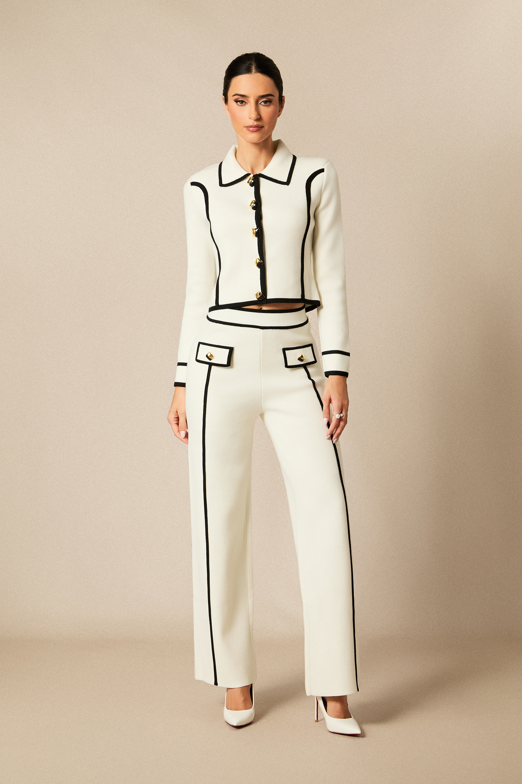 Miranda Contrast Trim Cropped Jacket & Straight Leg Pants Set-purelyfable