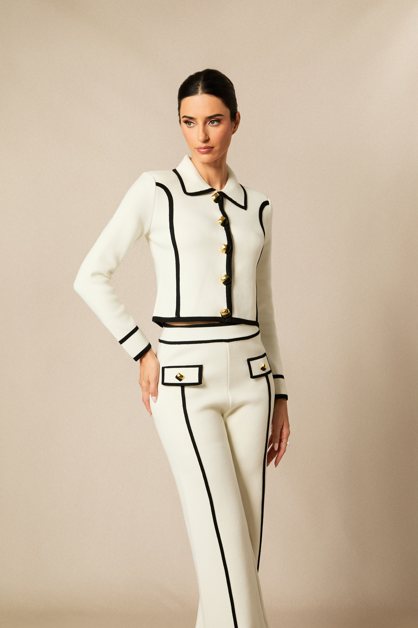 Miranda Contrast Trim Cropped Jacket & Straight Leg Pants Set-purelyfable