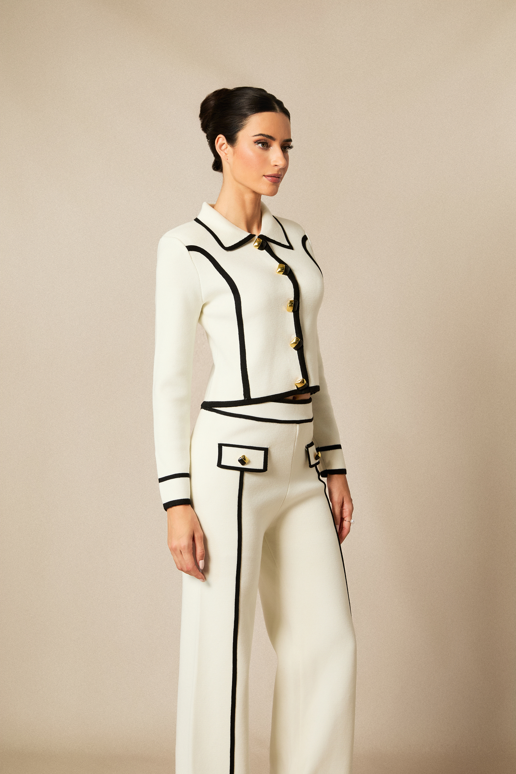 Miranda Contrast Trim Cropped Jacket & Straight Leg Pants Set-purelyfable
