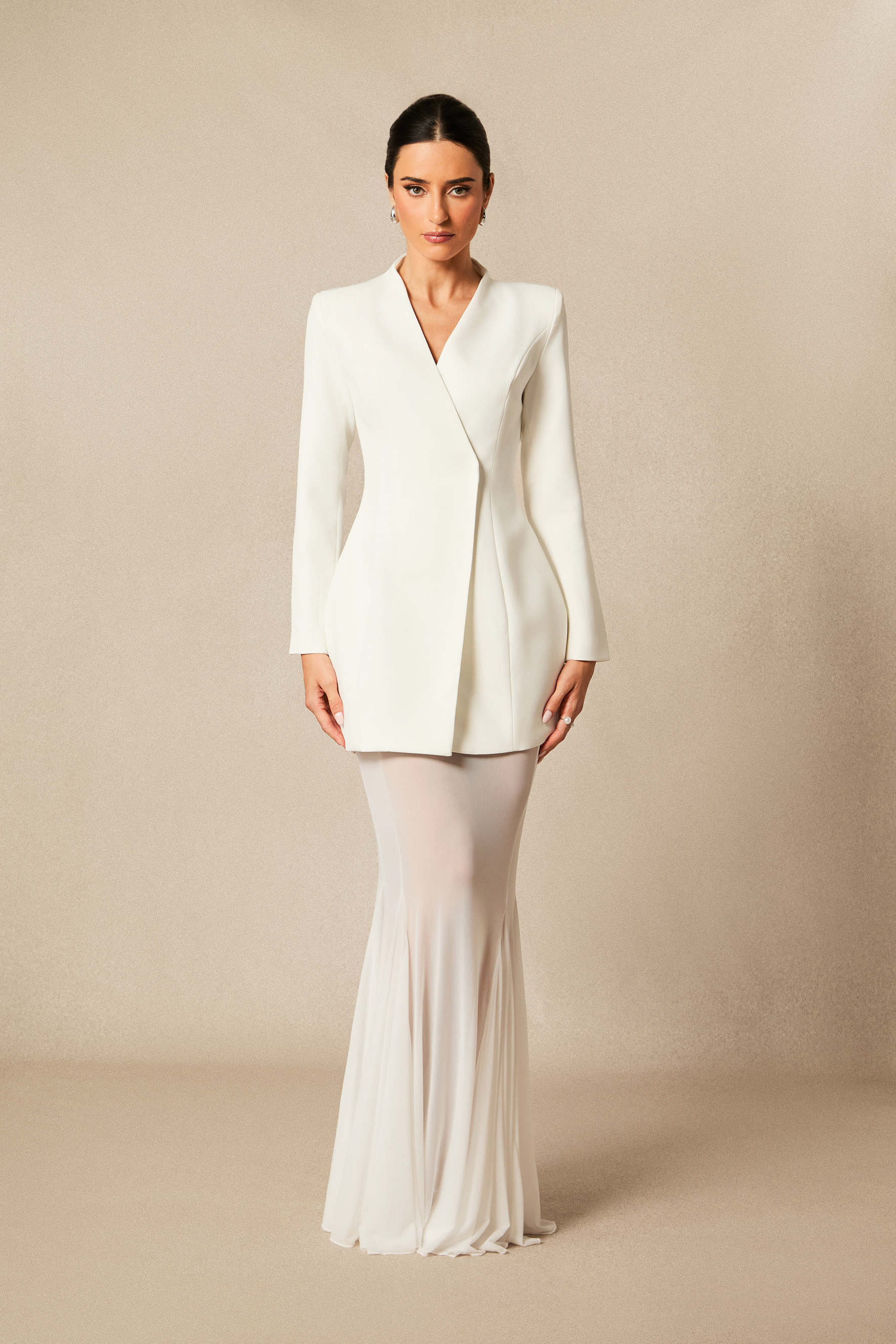 Myra Asymmetric Tailored Blazer & Sheer Mesh Skirt Set-purelyfable