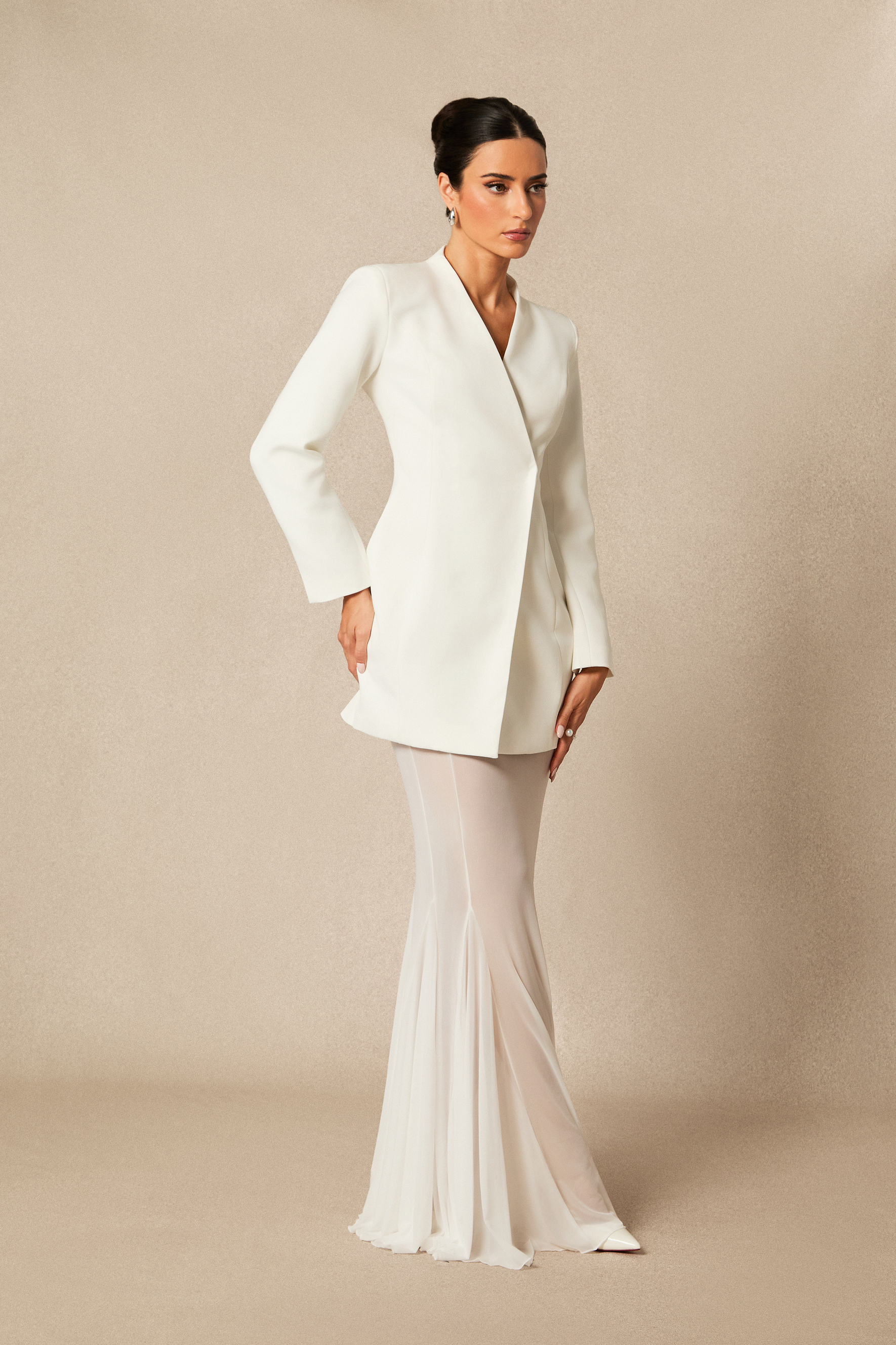 Myra Asymmetric Tailored Blazer & Sheer Mesh Skirt Set-purelyfable
