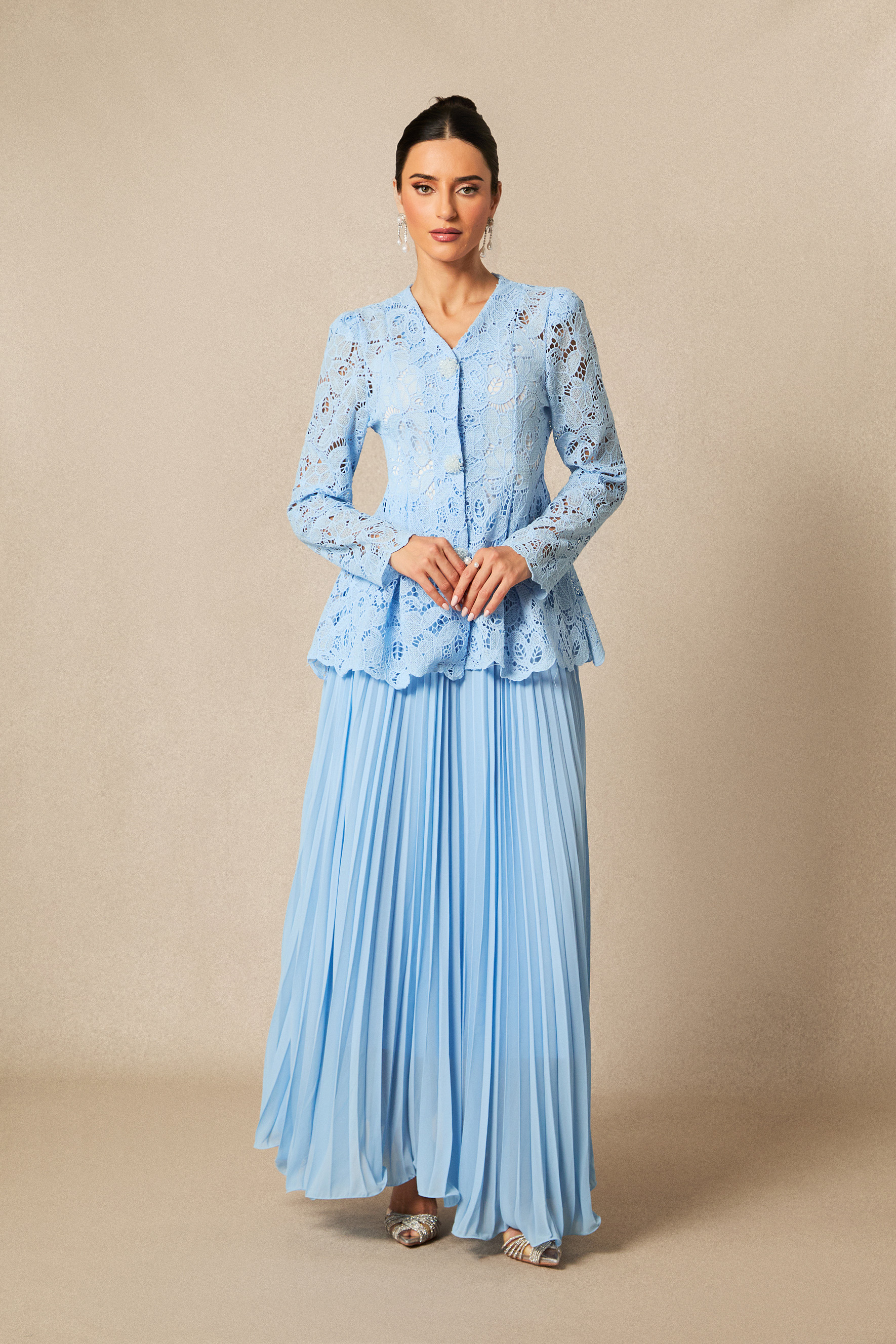 Ariella Floral Embroidered Lace Top & Pleated Maxi Skirt Set-purelyfable