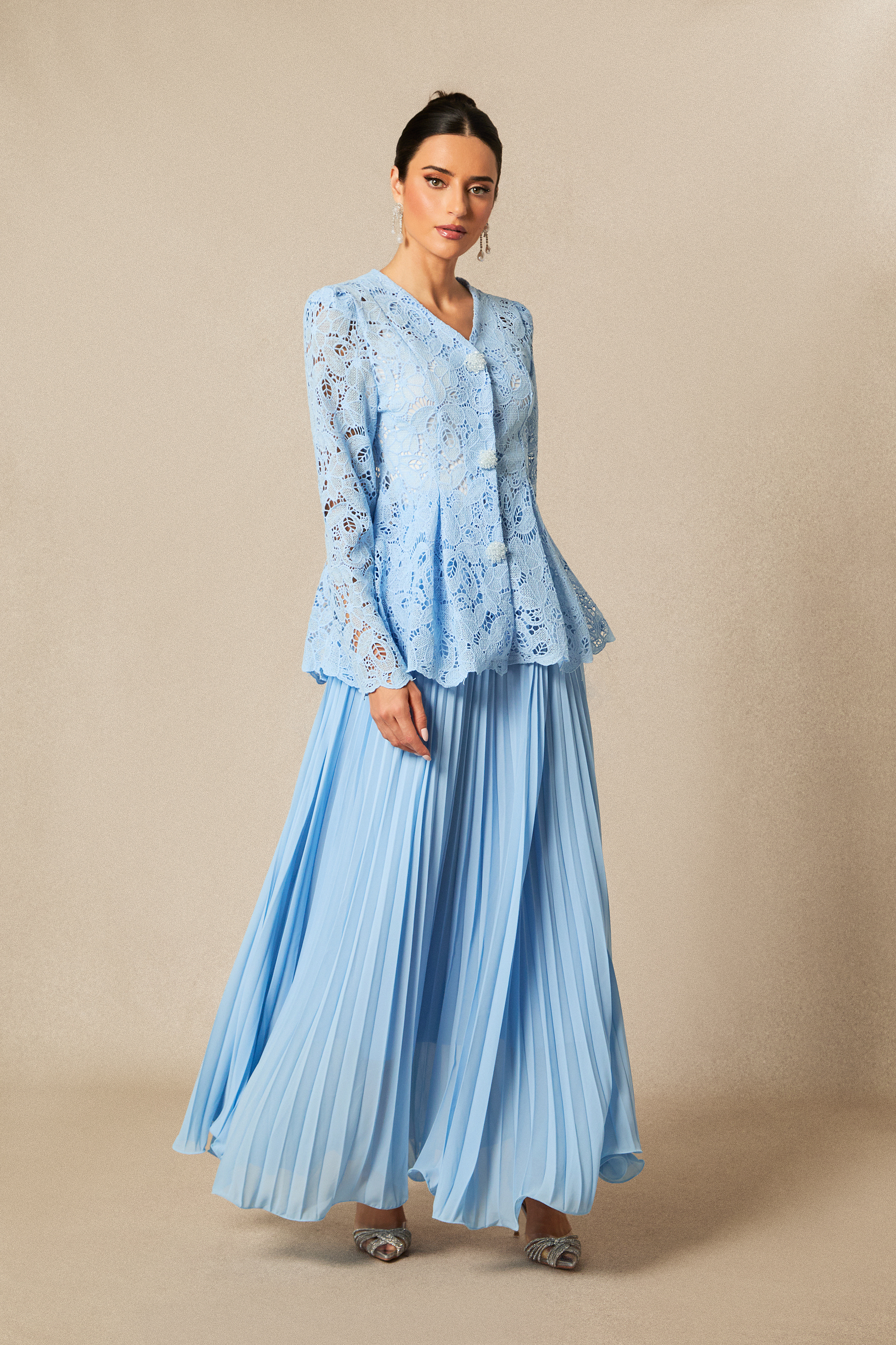 Ariella Floral Embroidered Lace Top & Pleated Maxi Skirt Set-purelyfable