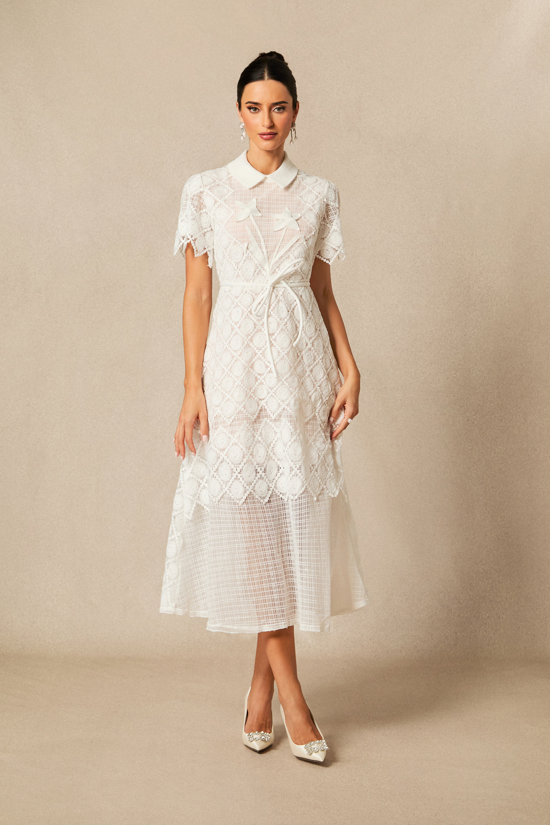 Grace Lace Embroidered Short Sleeve Midi Dress-purelyfable