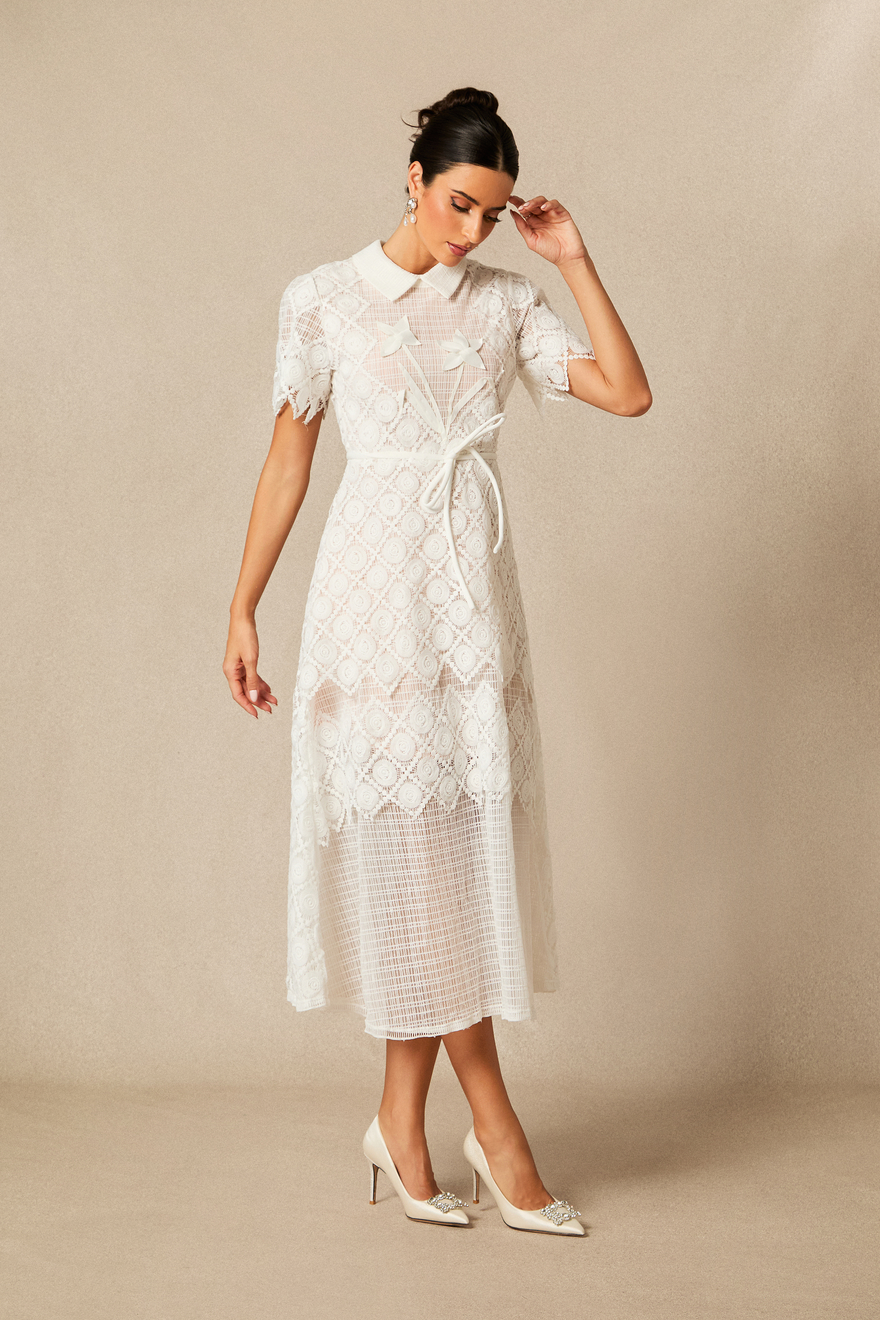 Grace Lace Embroidered Short Sleeve Midi Dress-purelyfable