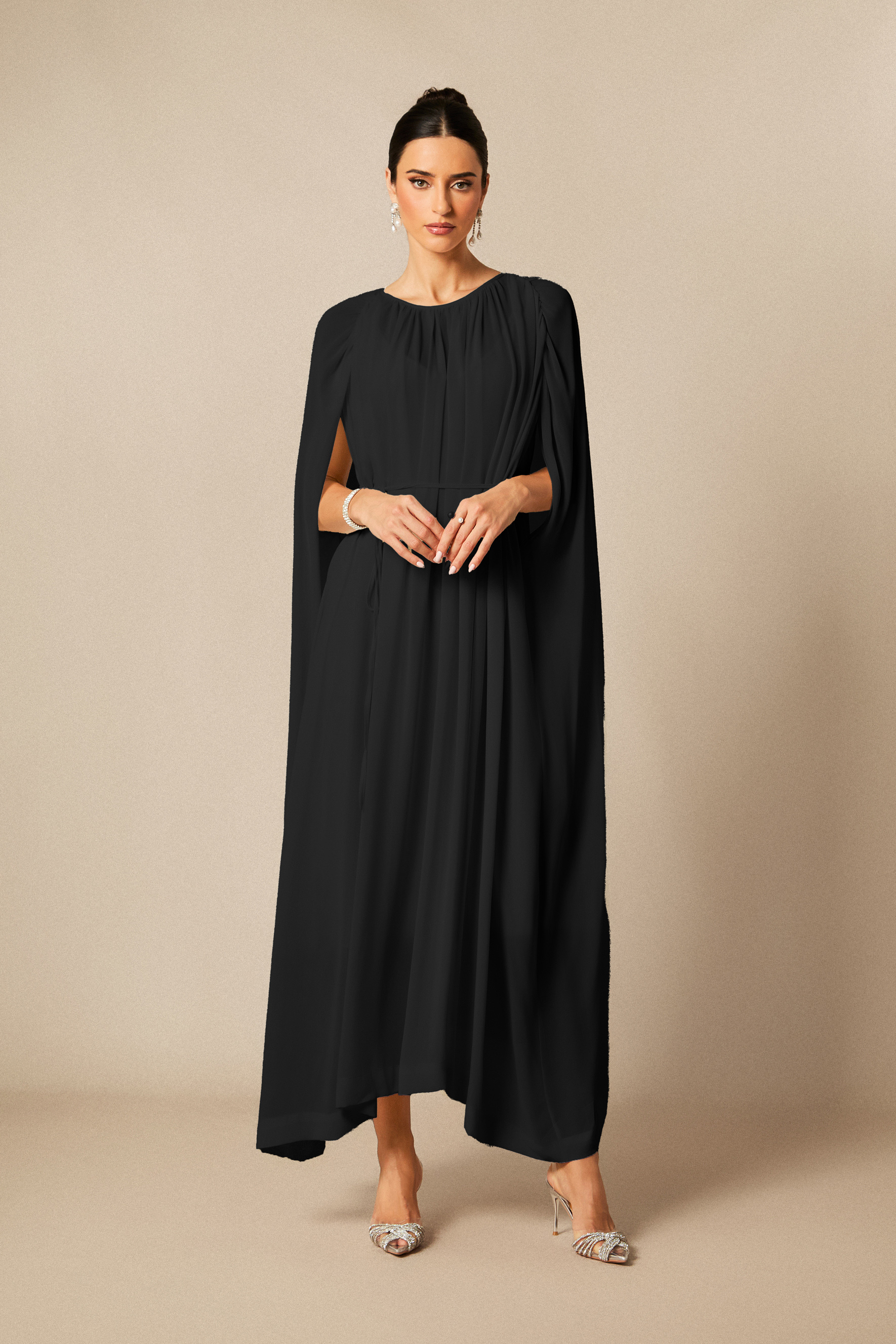 Aria Gathered Cape Chiffon Maxi Dress-purelyfable