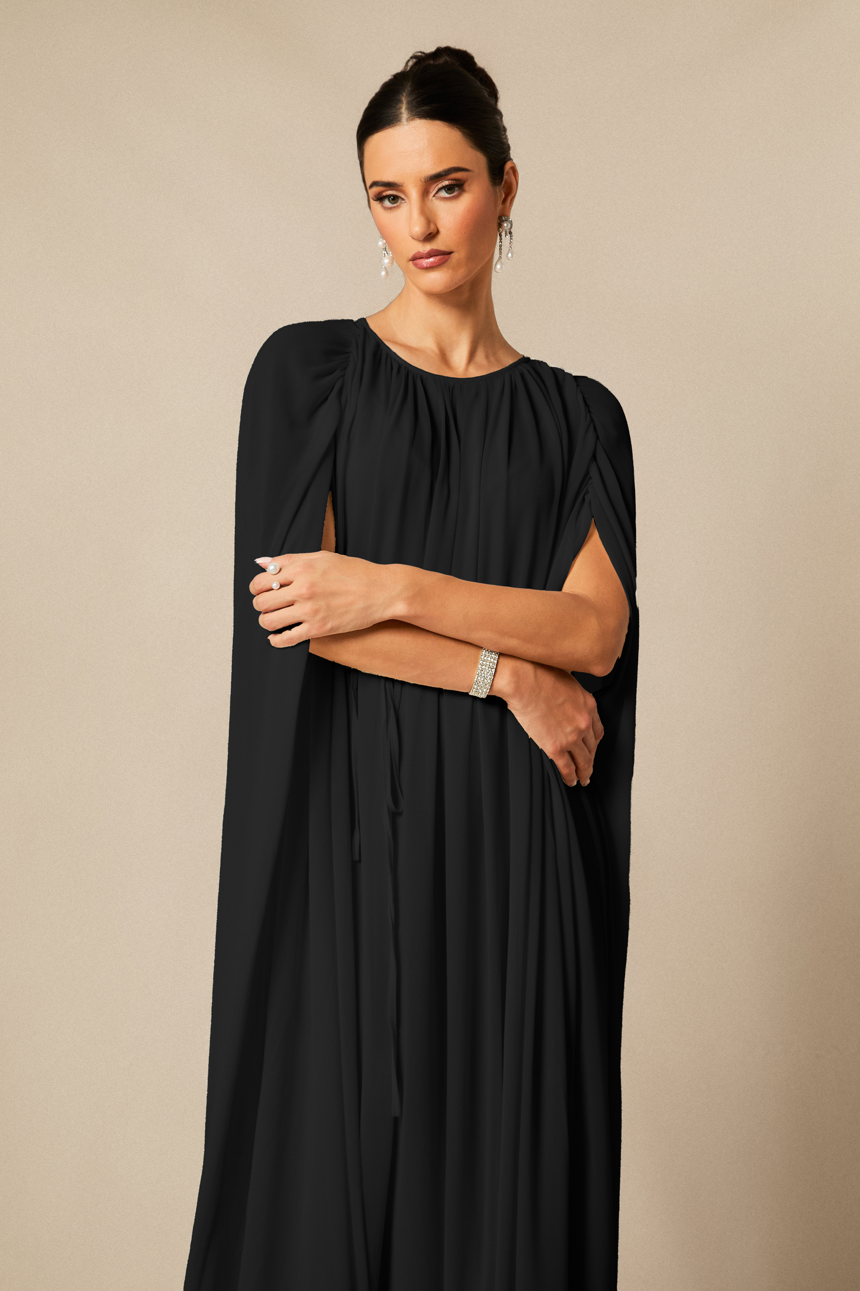 Aria Gathered Cape Chiffon Maxi Dress-purelyfable