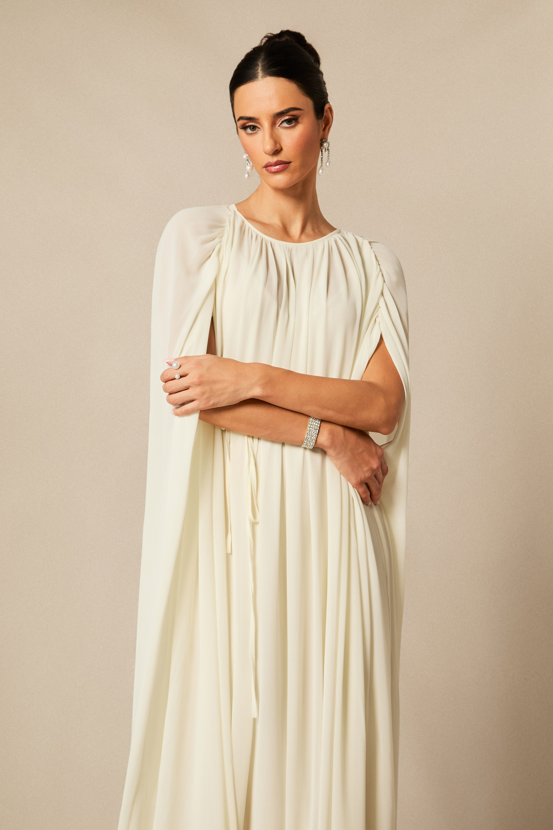 Aria Gathered Cape Chiffon Maxi Dress-purelyfable