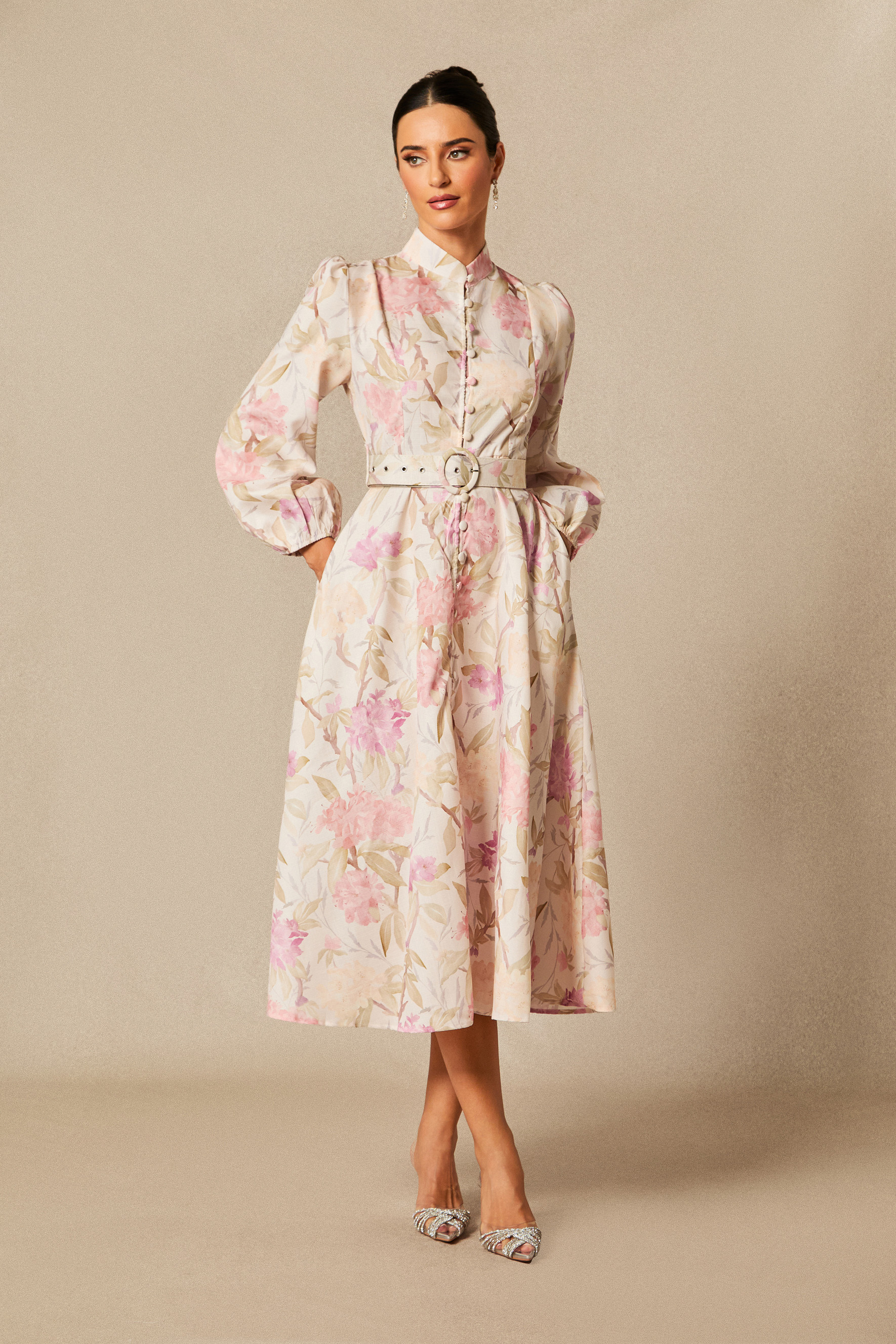 Callie Floral Print Puff Sleeve Midi Dress-purelyfable