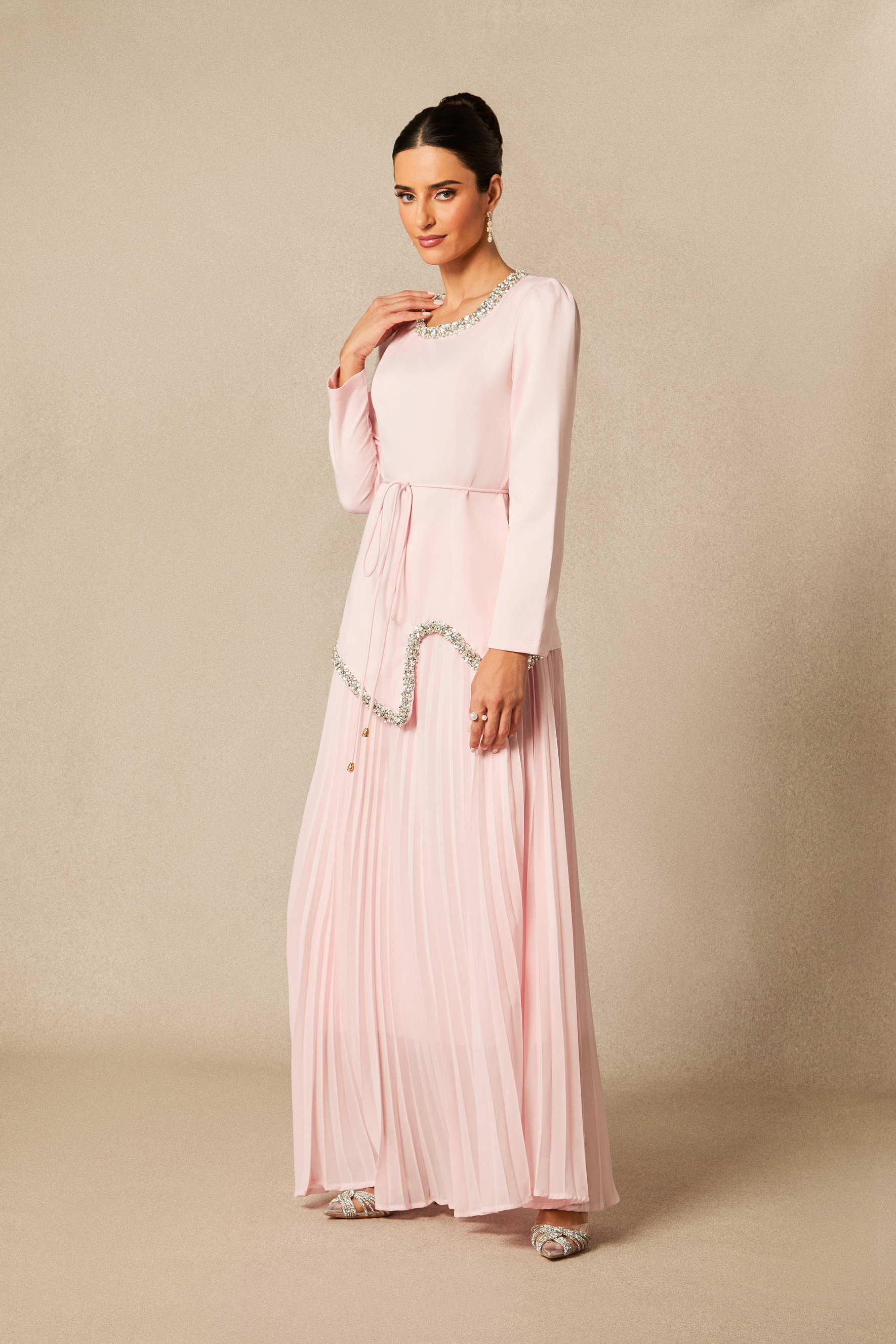 Athena Crystal Embellished Top & Pleated Skirt Set-purelyfable
