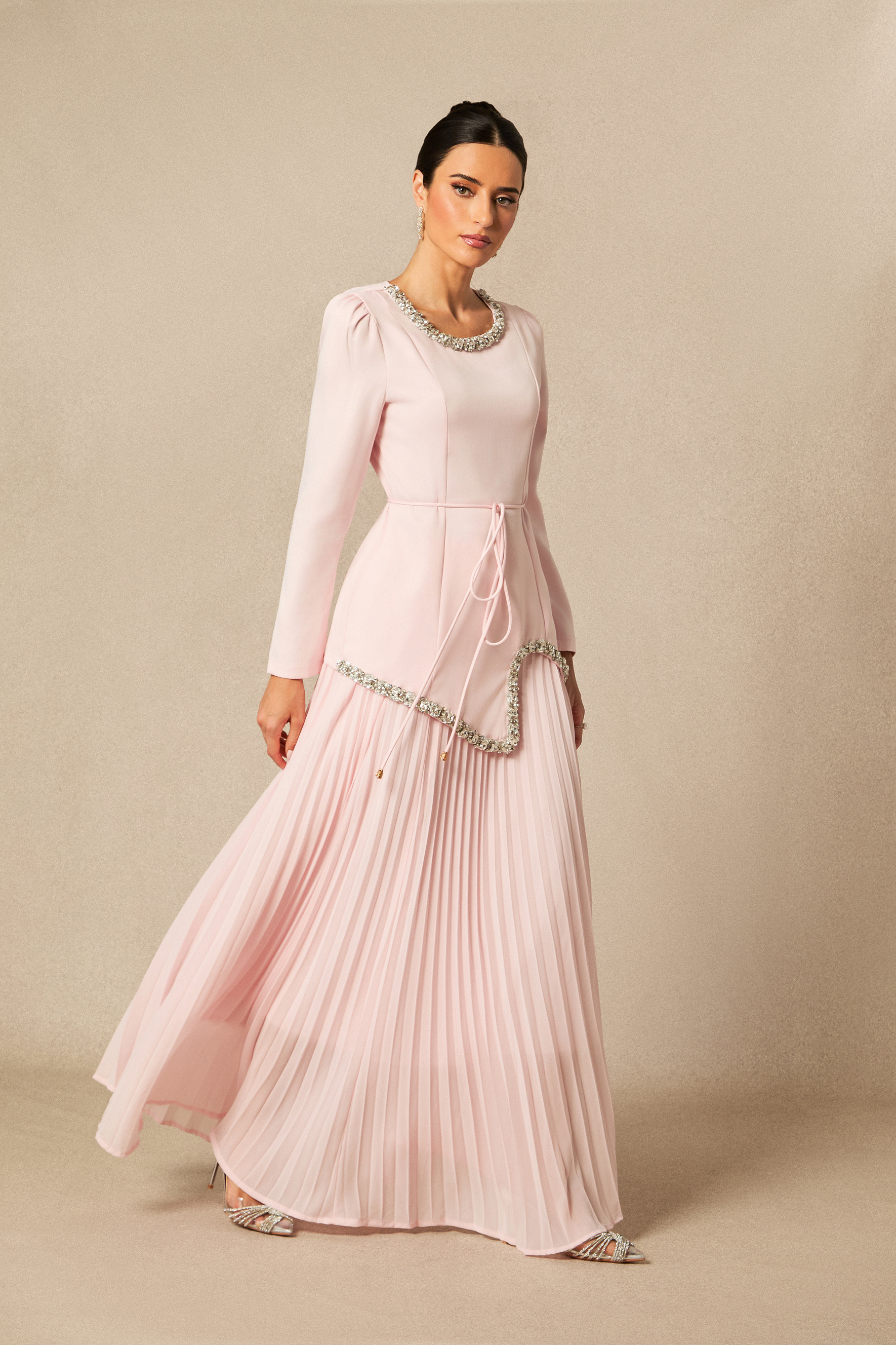 Athena Crystal Embellished Top & Pleated Skirt Set-purelyfable