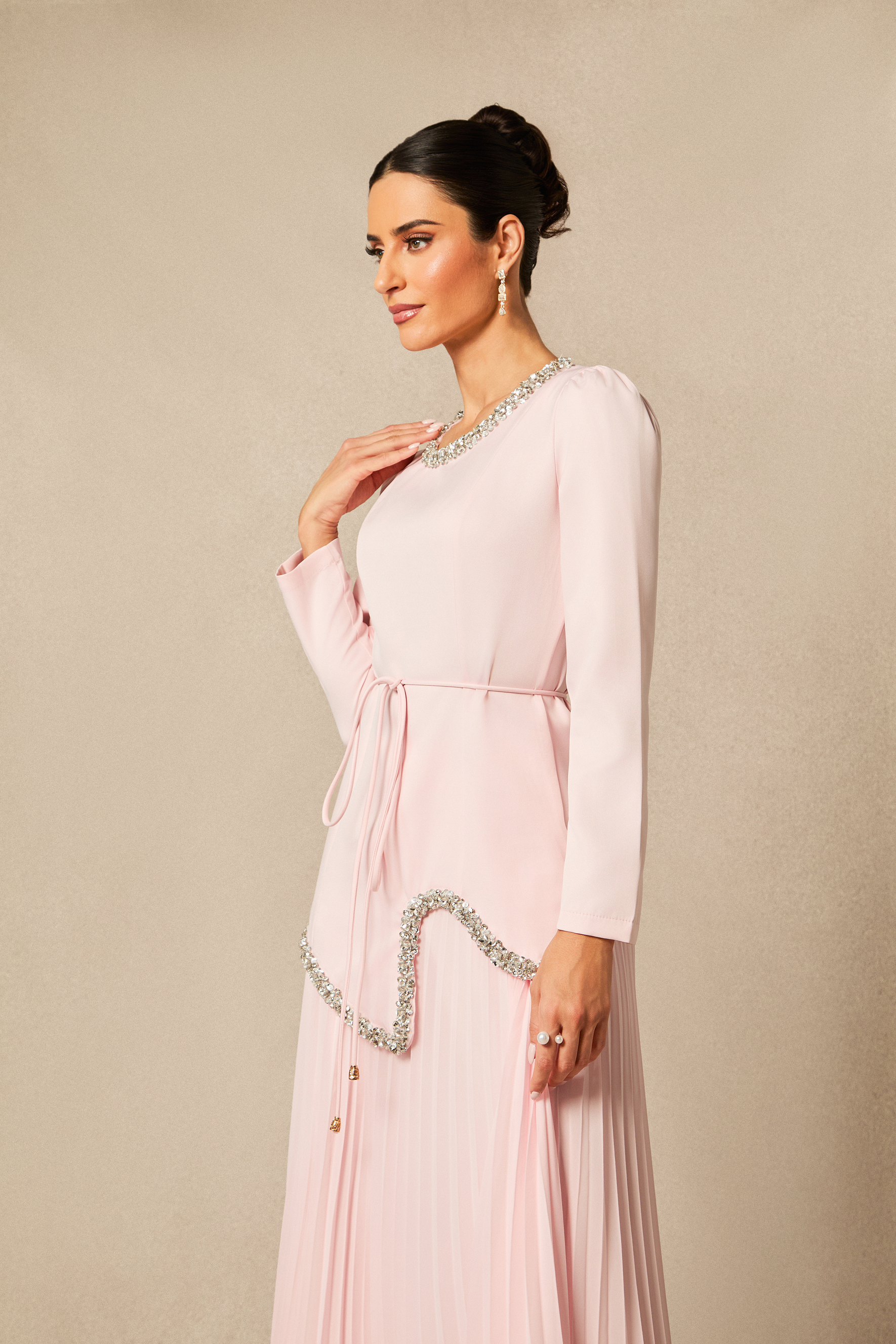 Athena Crystal Embellished Top & Pleated Skirt Set-purelyfable