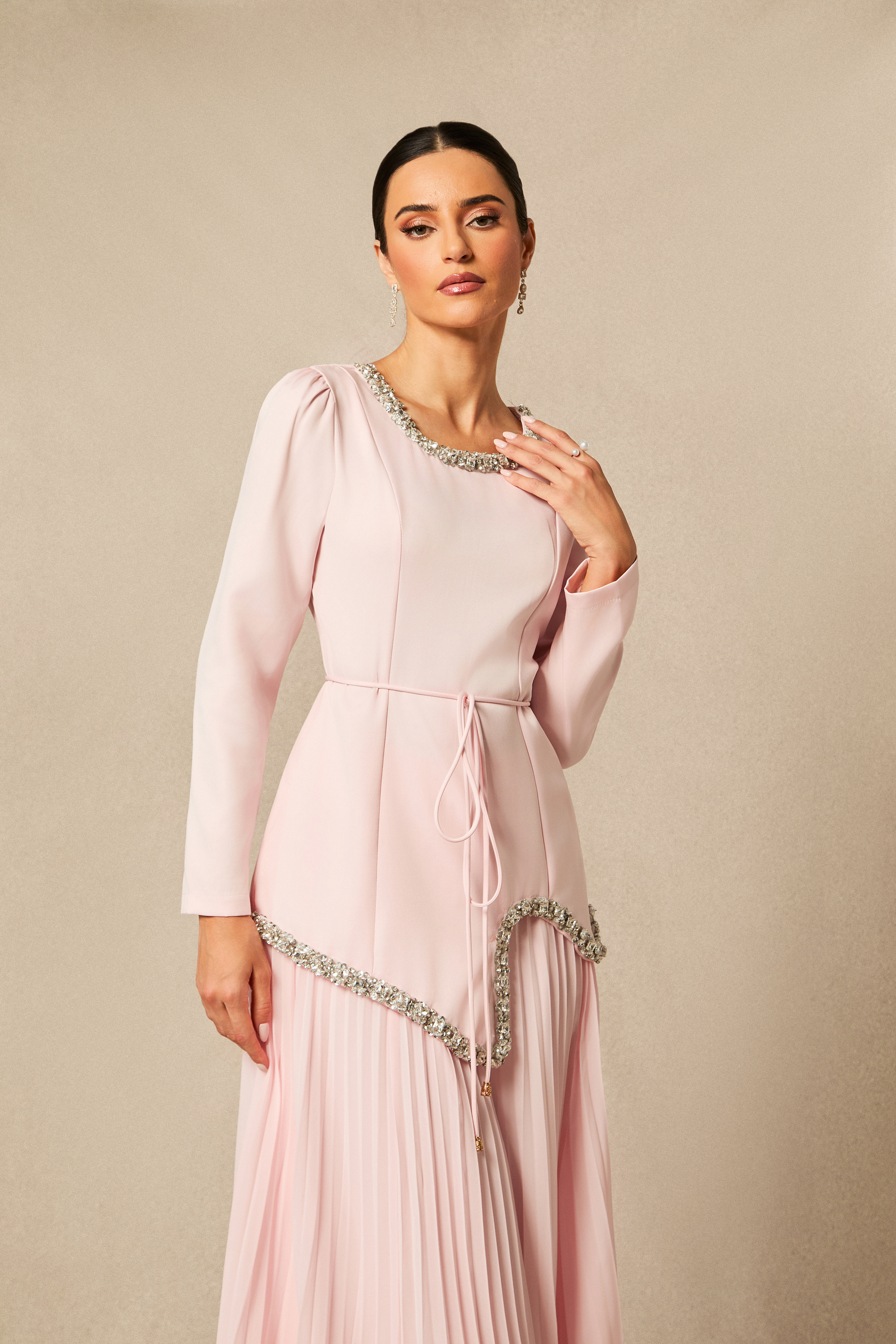 Athena Crystal Embellished Top & Pleated Skirt Set-purelyfable