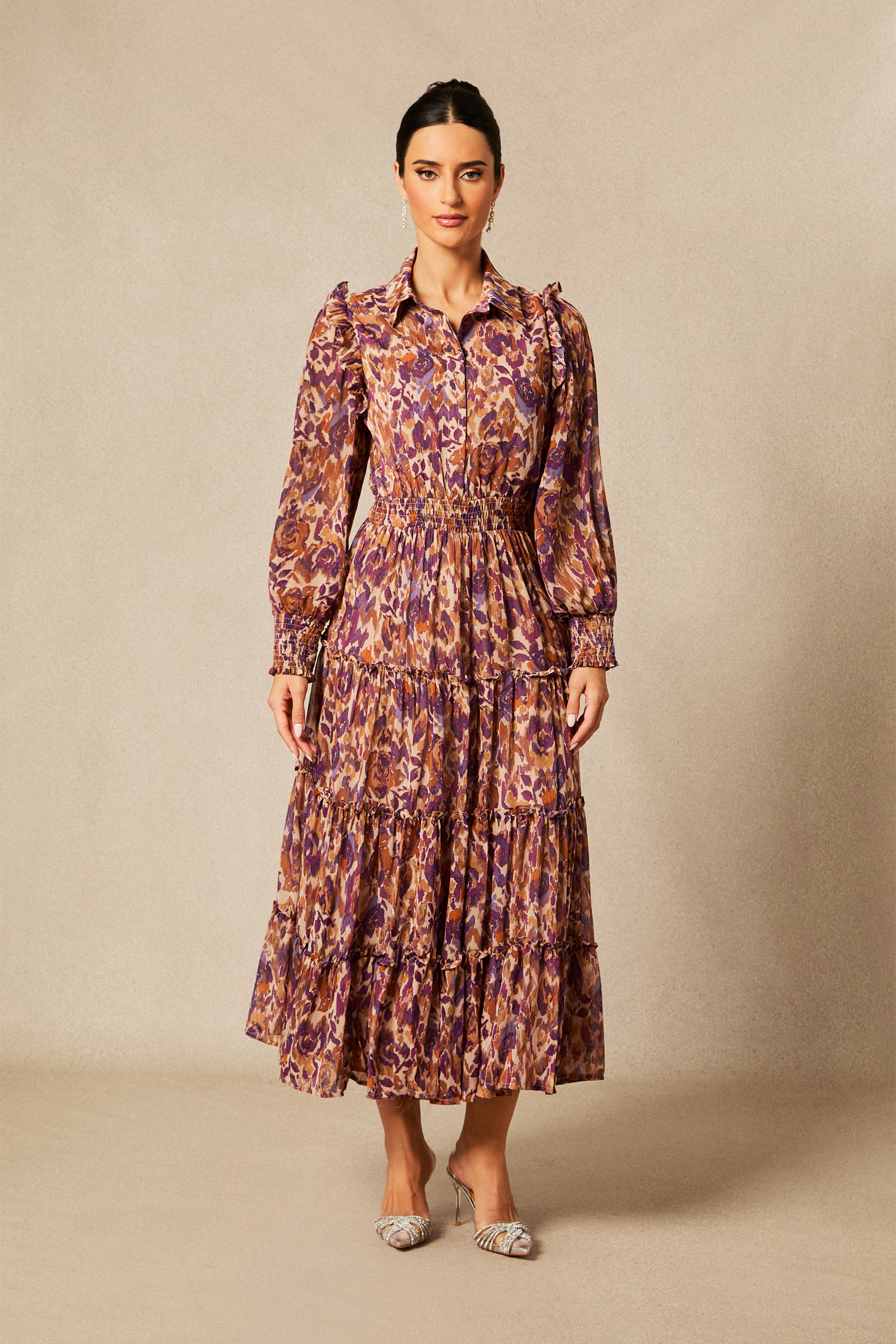Cecelia Abstract Print Long Sleeve Midi Dress-purelyfable