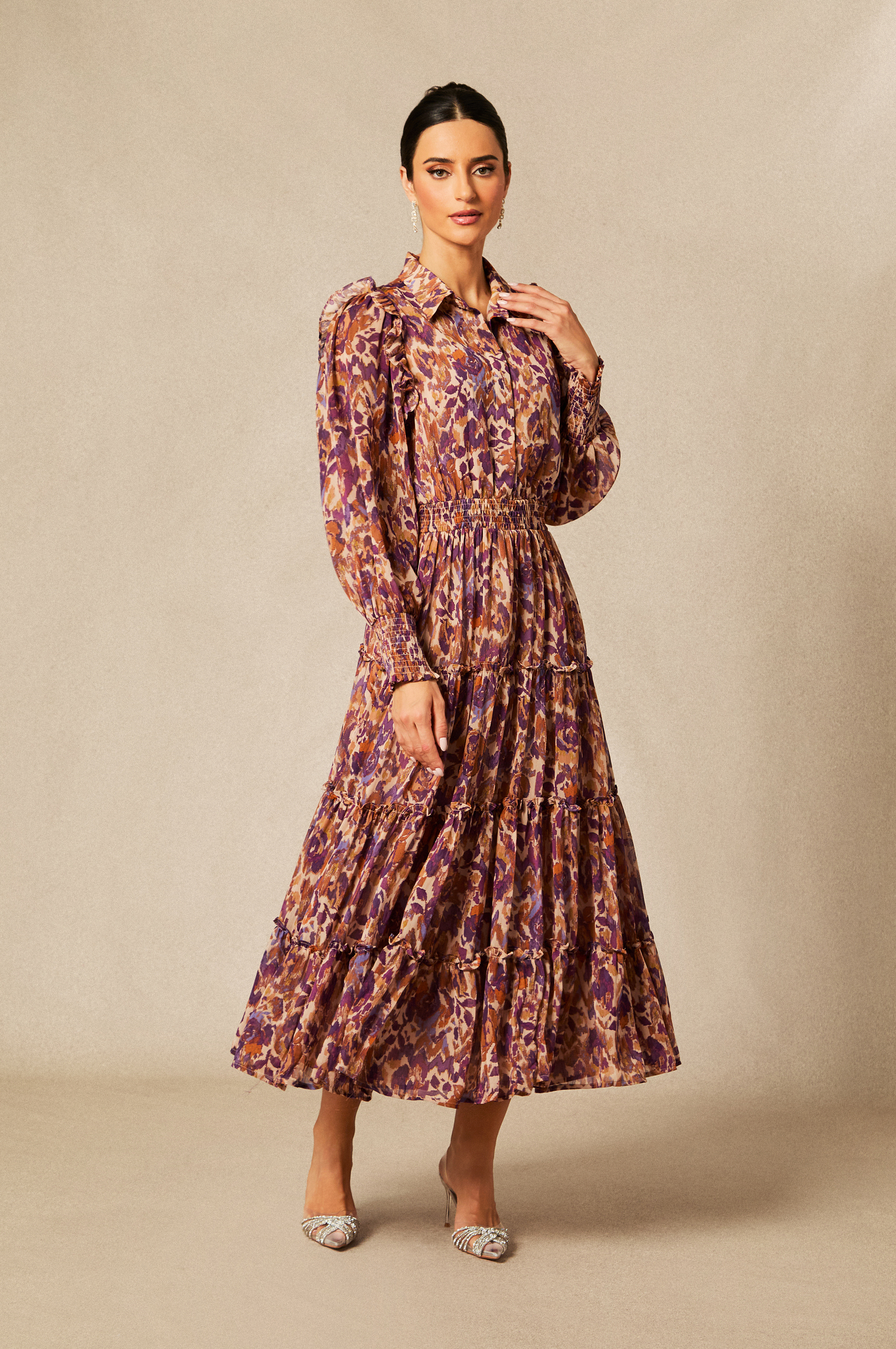 Cecelia Abstract Print Long Sleeve Midi Dress-purelyfable