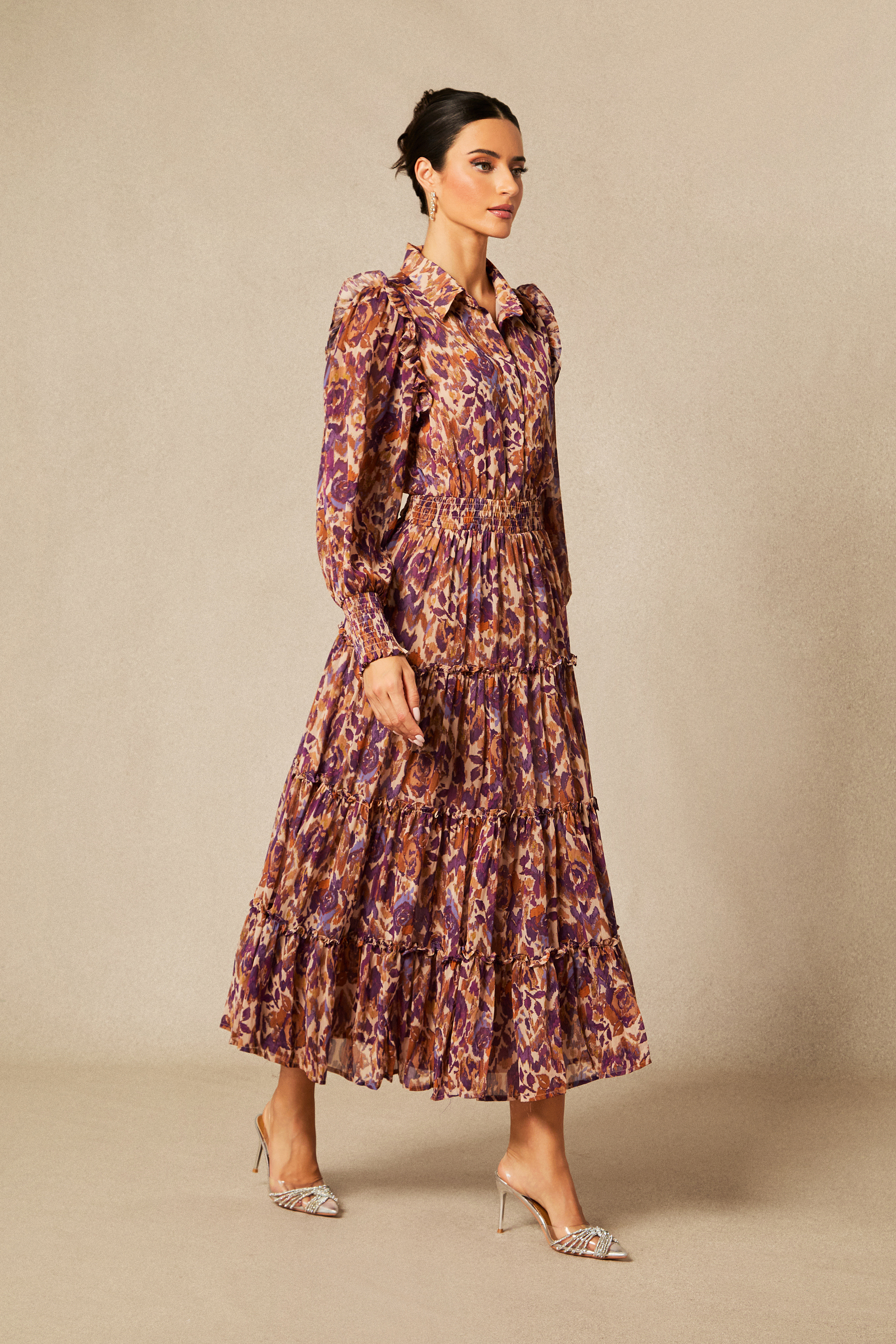 Cecelia Abstract Print Long Sleeve Midi Dress-purelyfable