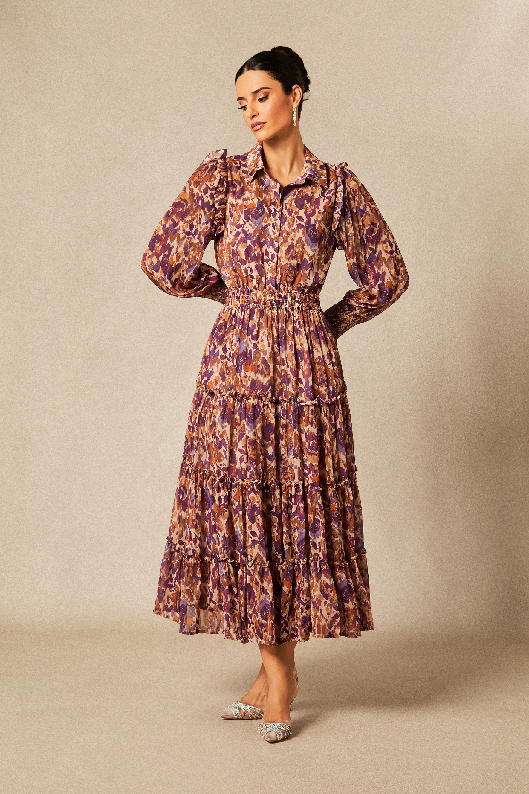 Cecelia Abstract Print Long Sleeve Midi Dress-purelyfable