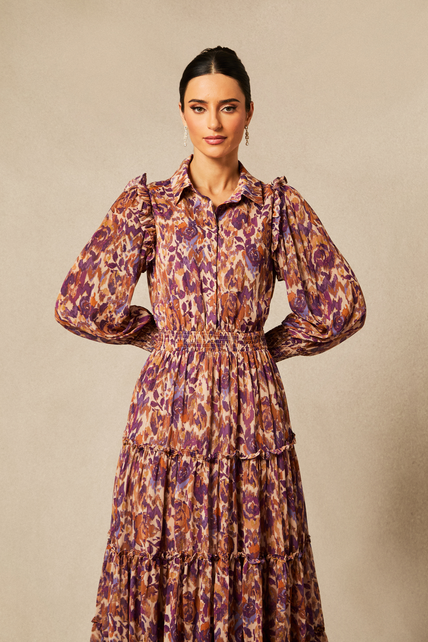 Cecelia Abstract Print Long Sleeve Midi Dress-purelyfable