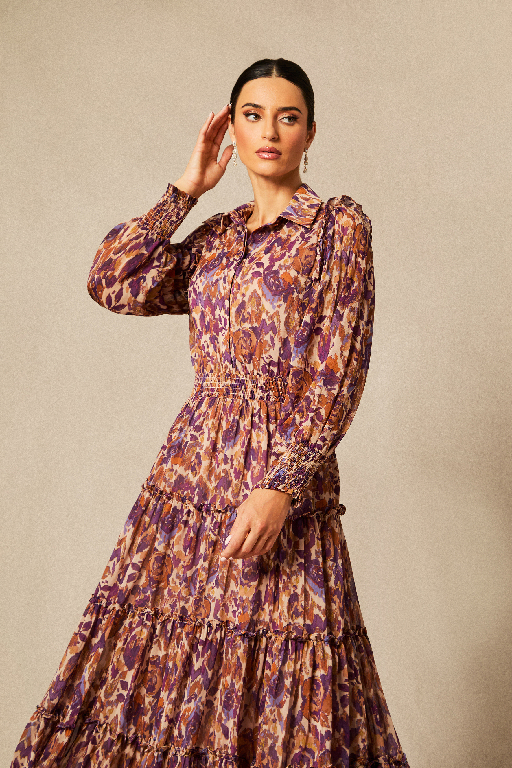 Cecelia Abstract Print Long Sleeve Midi Dress-purelyfable