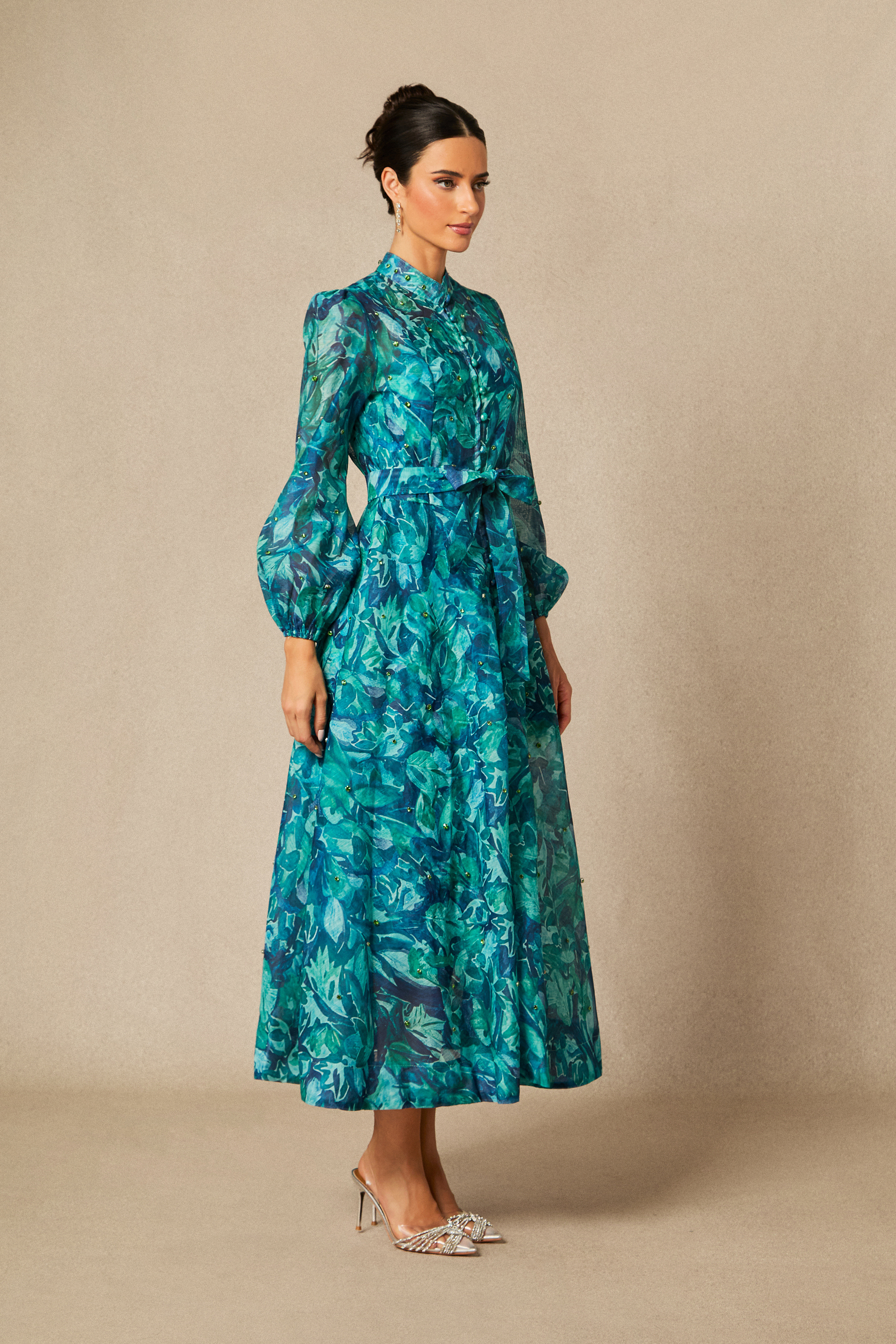 Kylie Floral Print Embellished Midi Dress-purelyfable