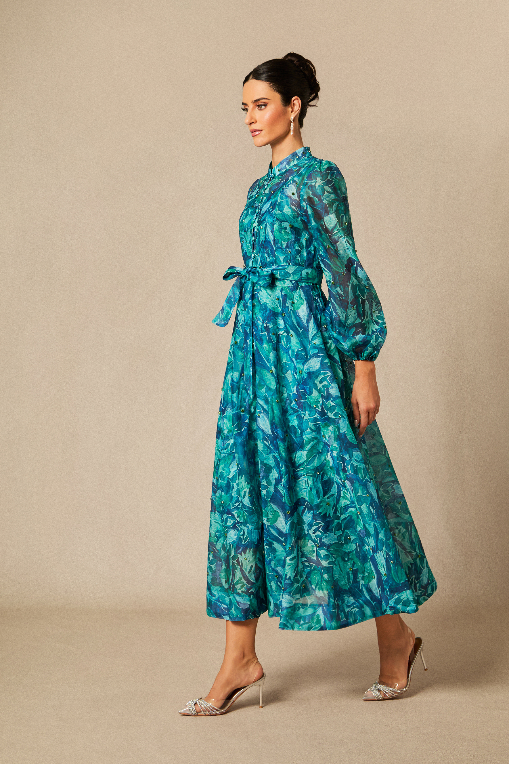 Kylie Floral Print Embellished Midi Dress-purelyfable