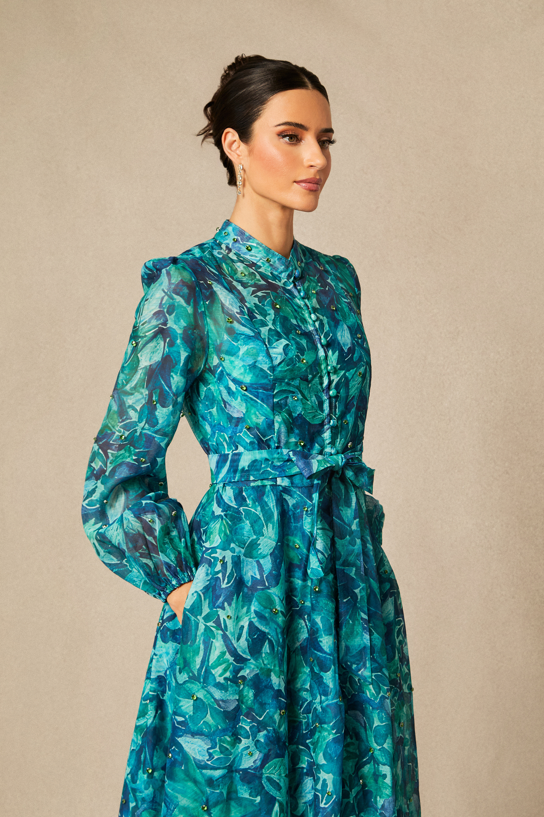 Kylie Floral Print Embellished Midi Dress-purelyfable