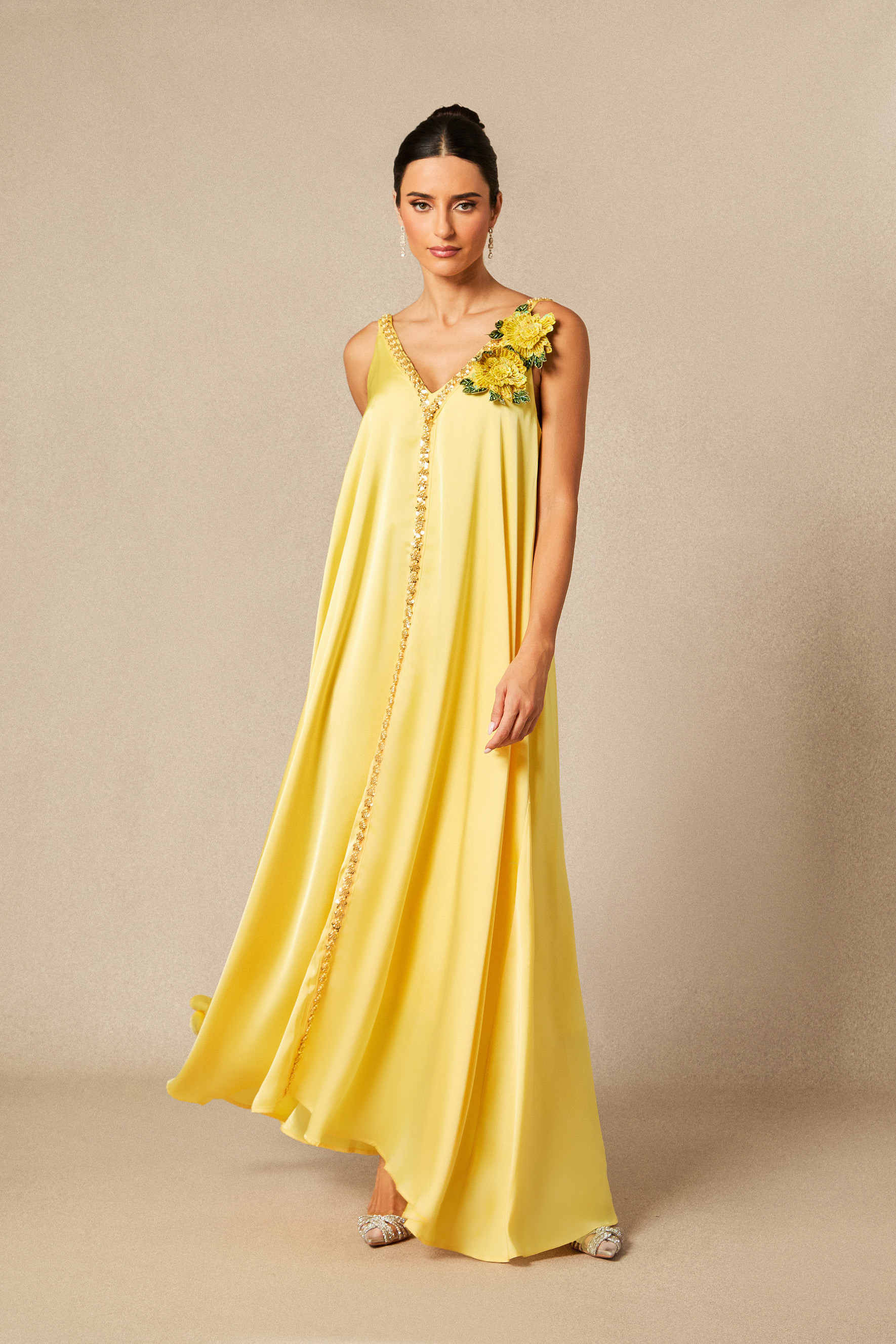 Sienna Floral Embroidered V-neck Satin Maxi Dress-purelyfable