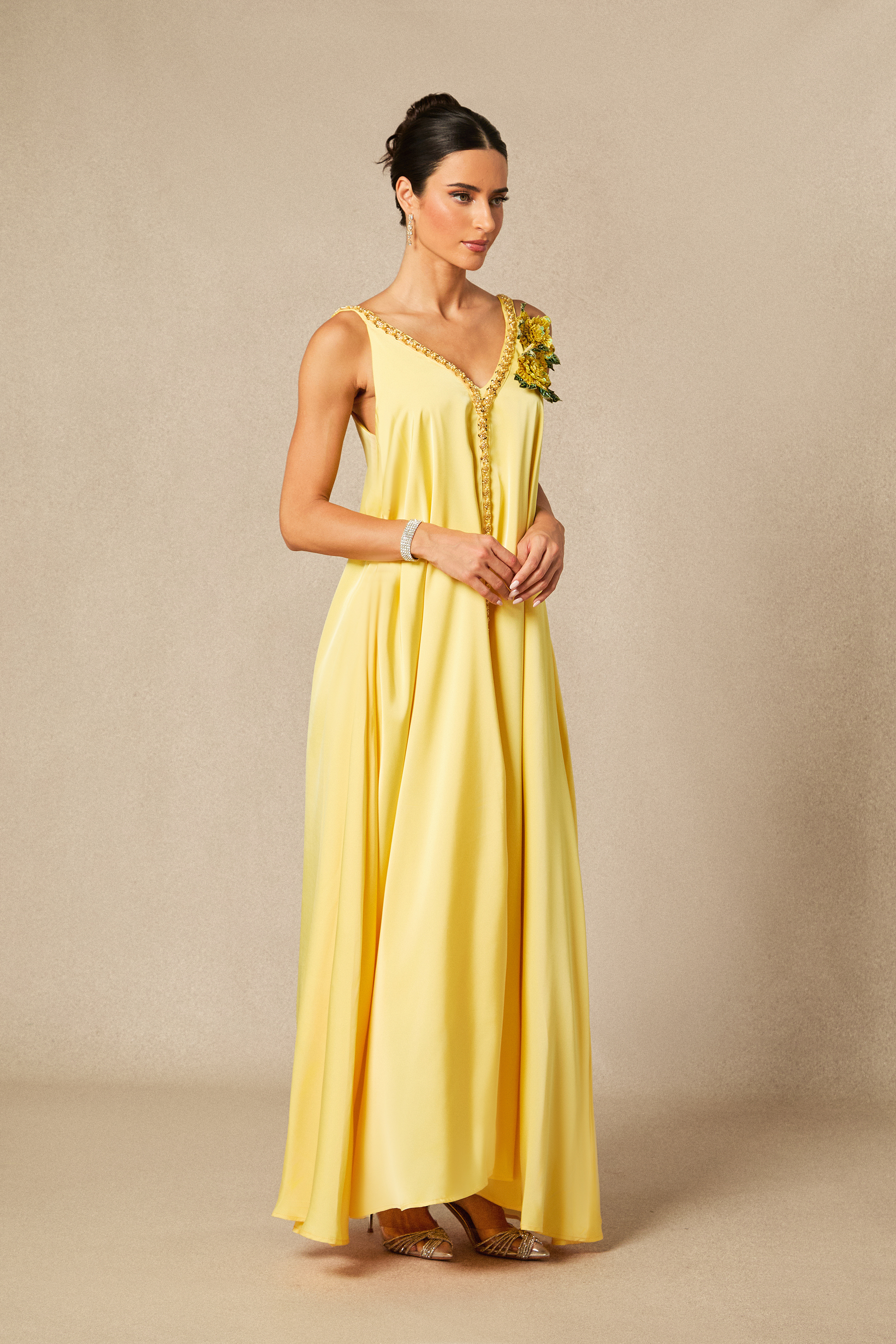 Sienna Floral Embroidered V-neck Satin Maxi Dress-purelyfable