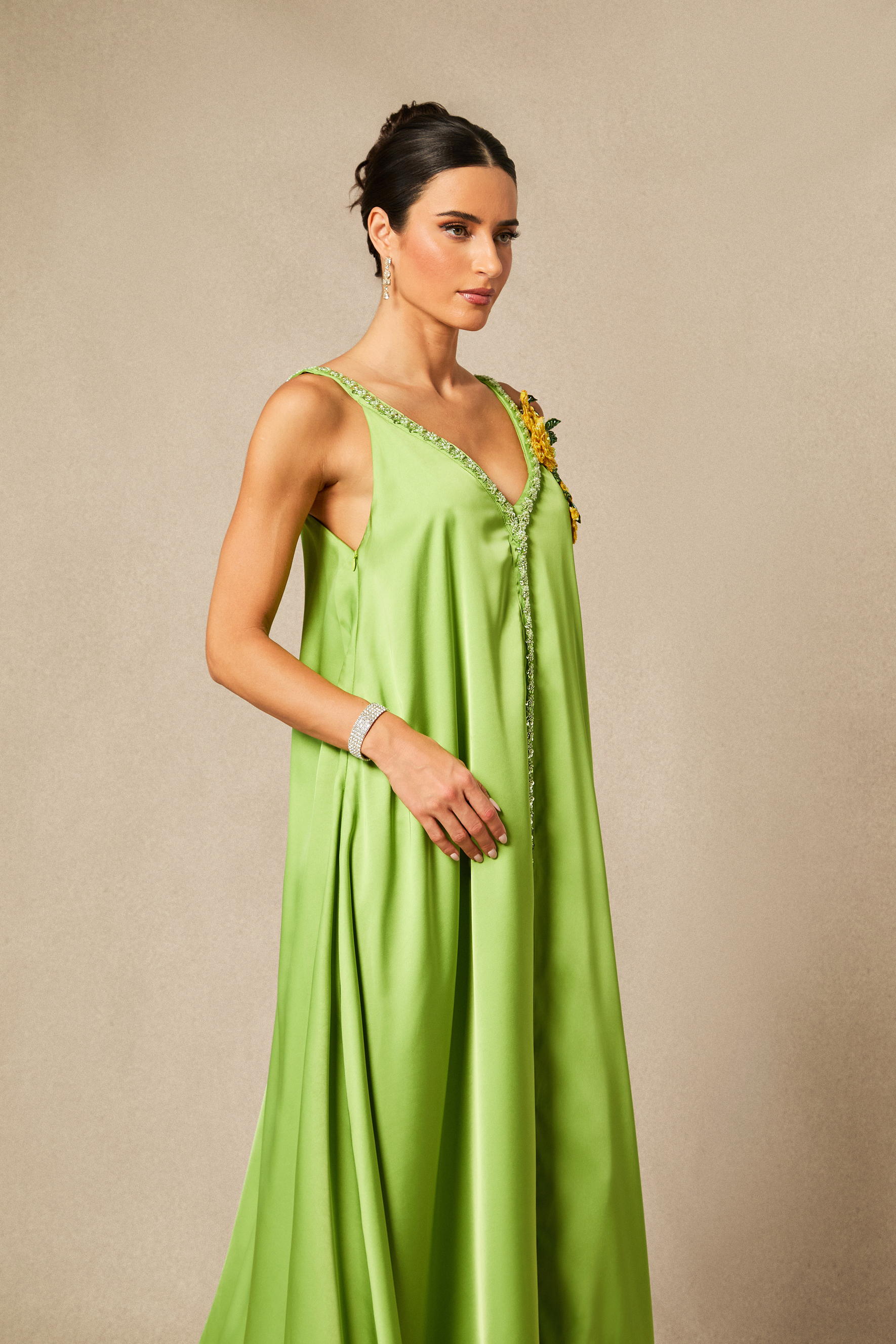 Sienna Floral Embroidered V-neck Satin Maxi Dress-purelyfable